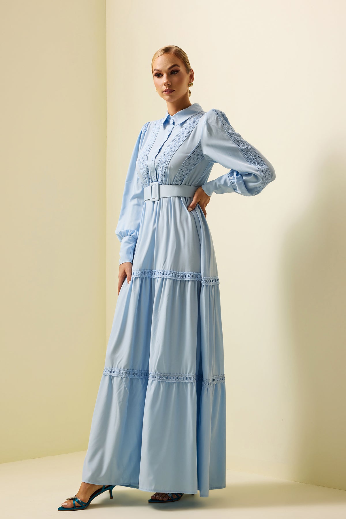 Lace Lantern Sleeve Maxi Dress With Belt