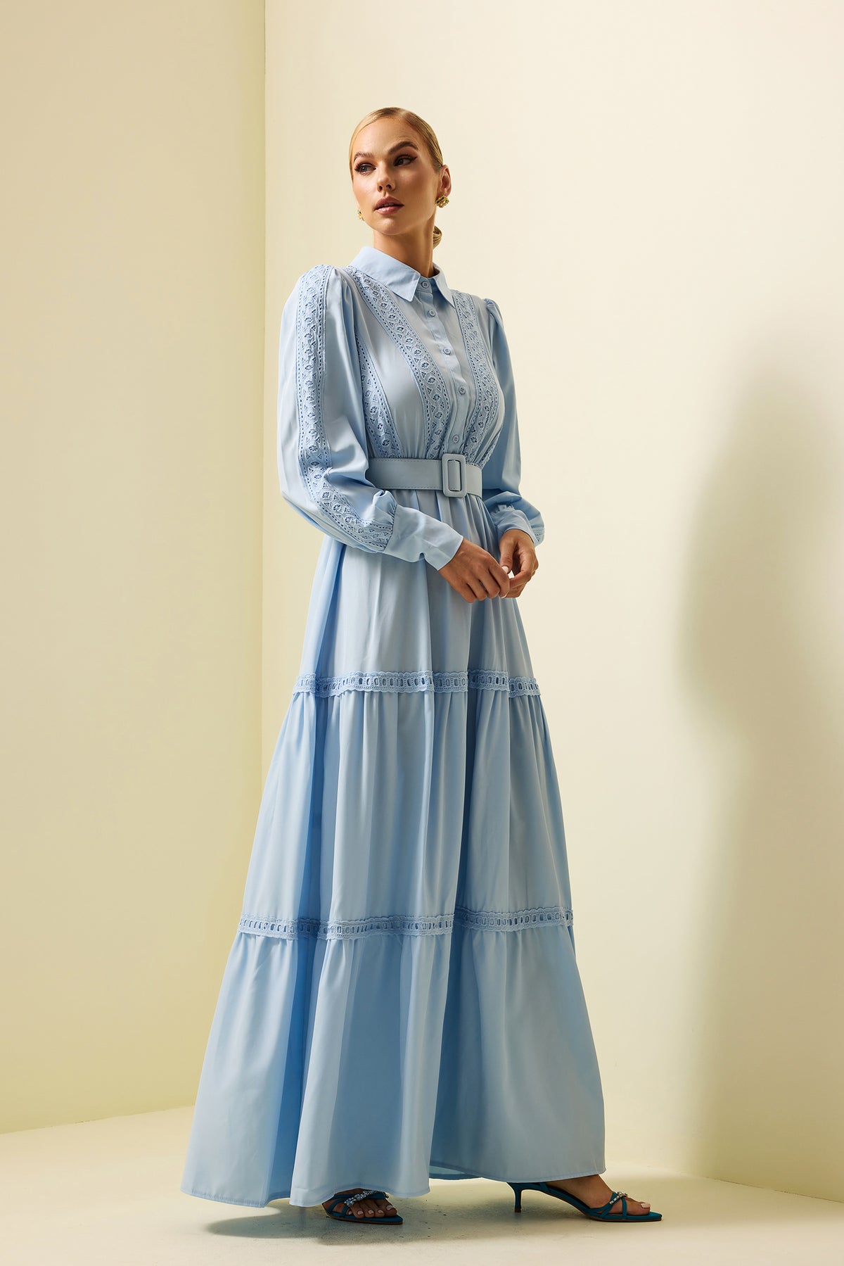 Lace Lantern Sleeve Maxi Dress With Belt