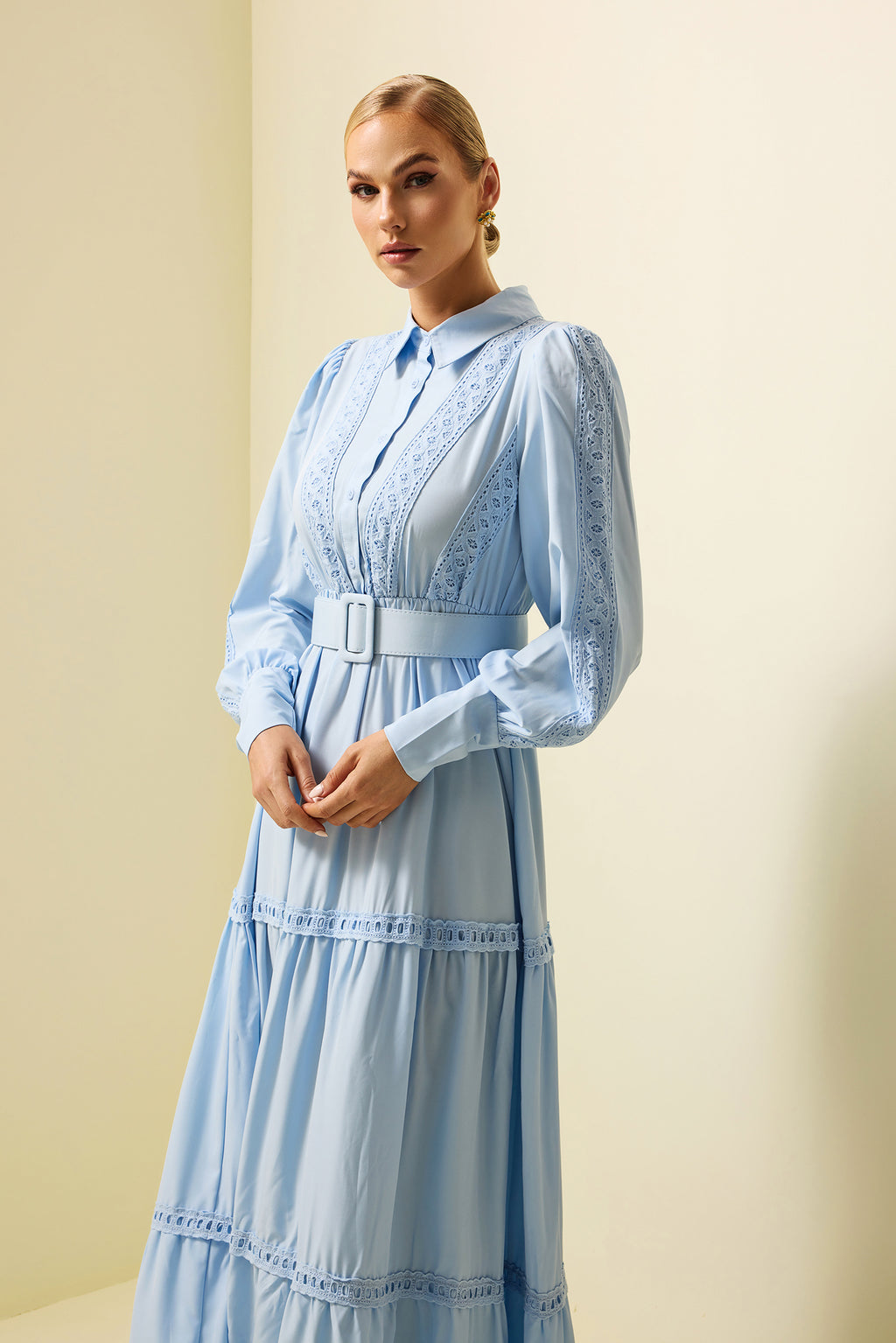 Lace Lantern Sleeve Maxi Dress With Belt