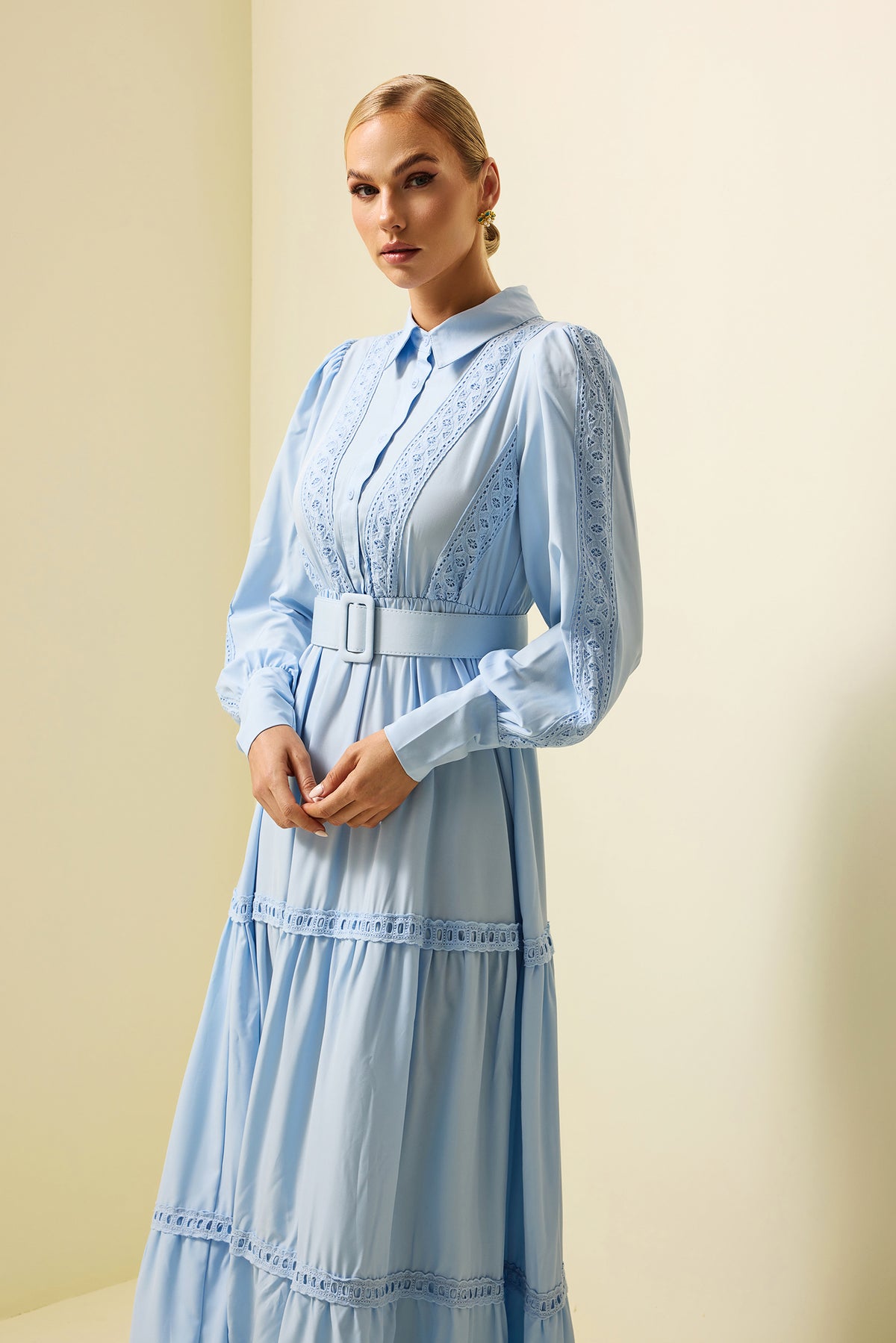 Lace Lantern Sleeve Maxi Dress With Belt