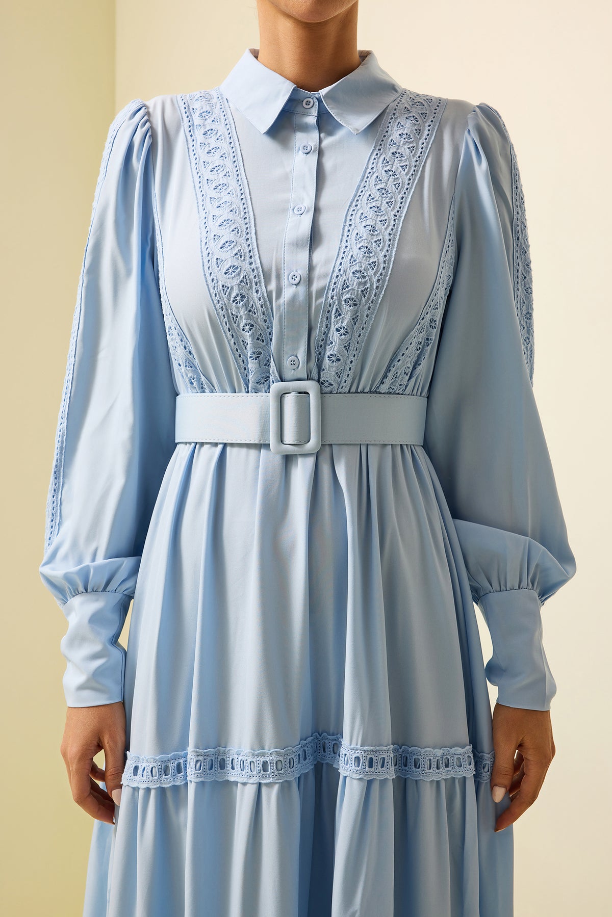 Lace Lantern Sleeve Maxi Dress With Belt