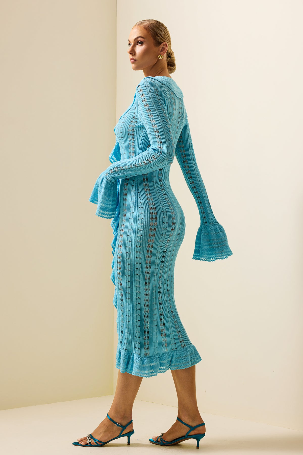 Knit Frill Long Sleeve Midi Dress
