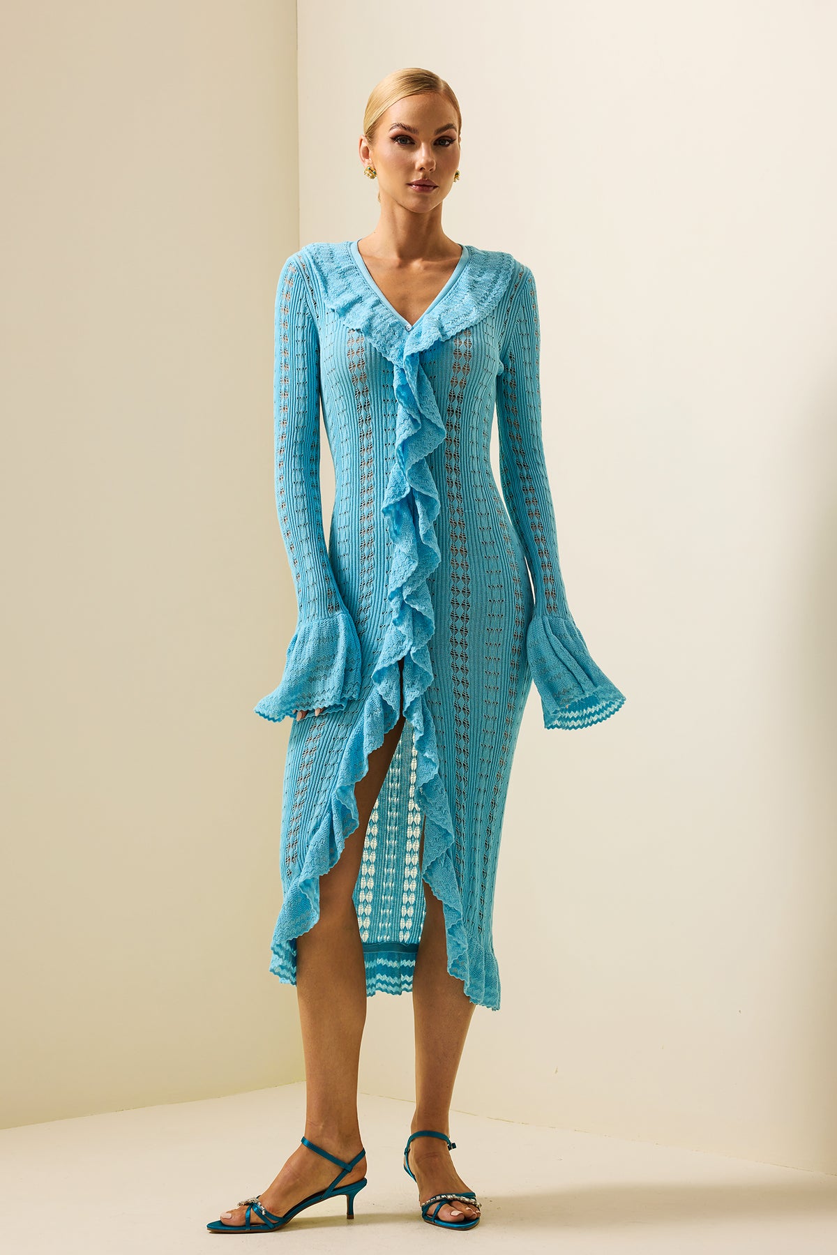 Knit Frill Long Sleeve Midi Dress