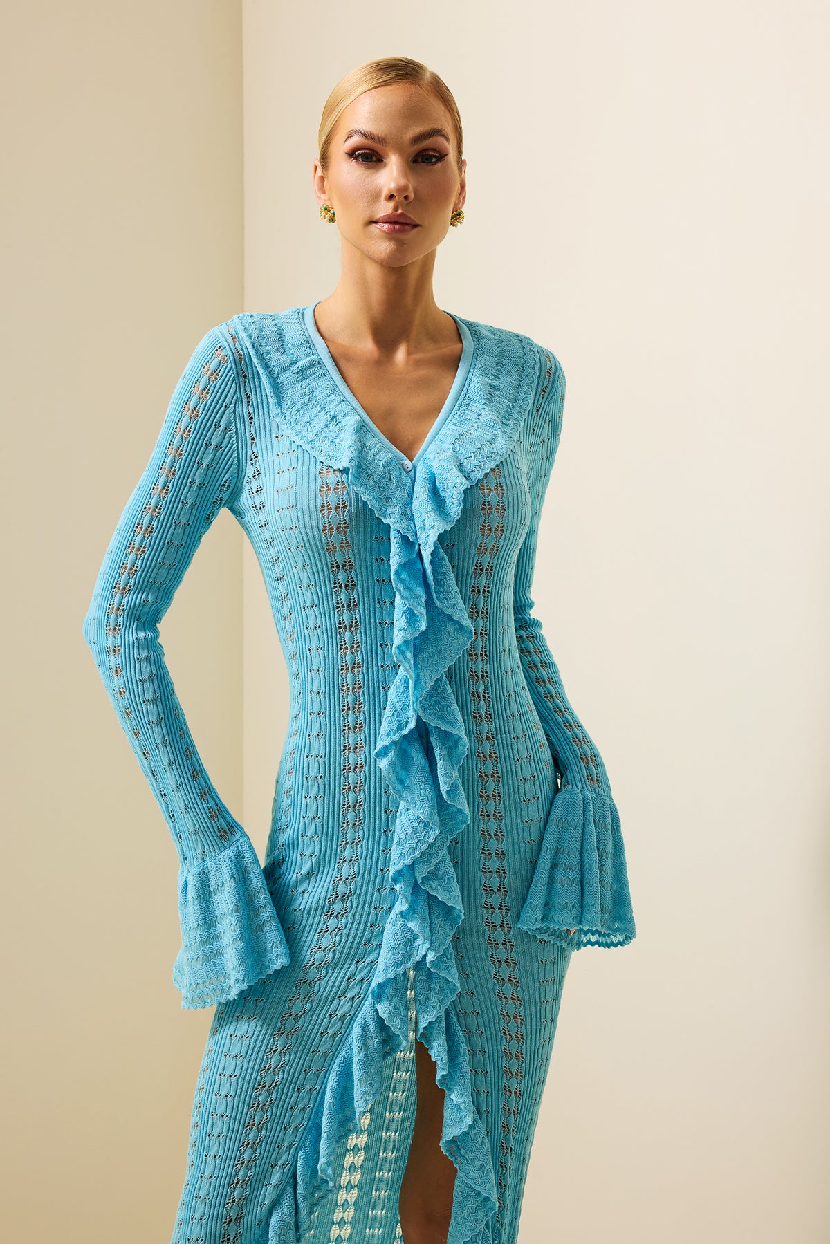 Knit Frill Long Sleeve Midi Dress