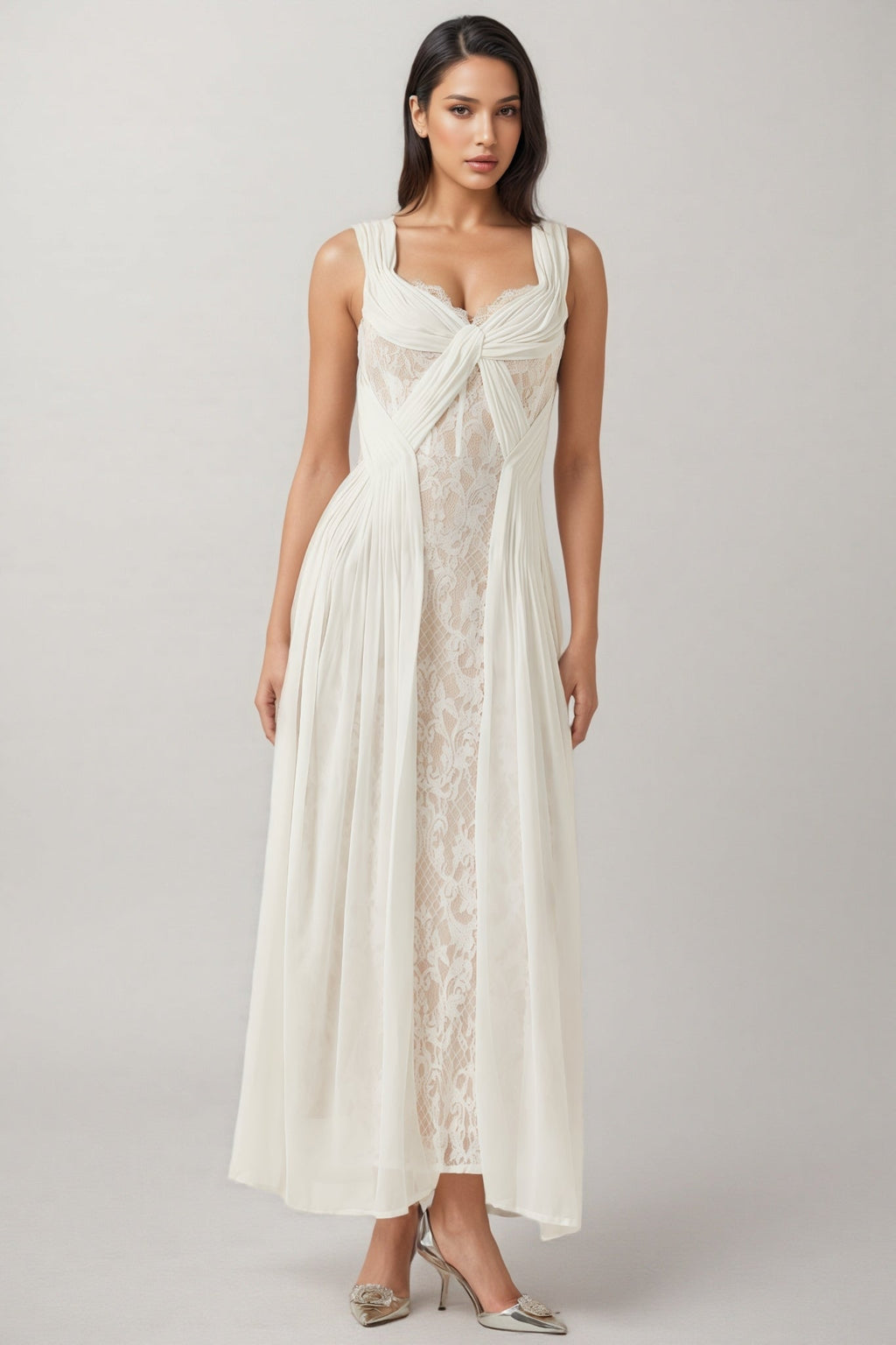 Layana White Lace Pleated Maxi Dress