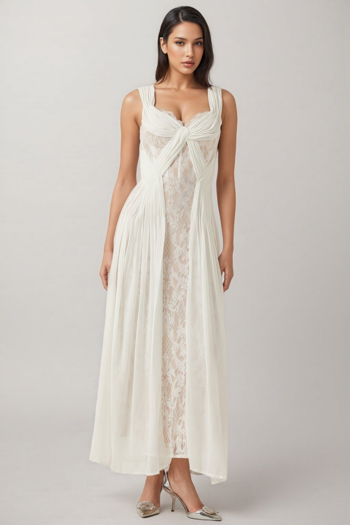 Layana White Lace Pleated Maxi Dress