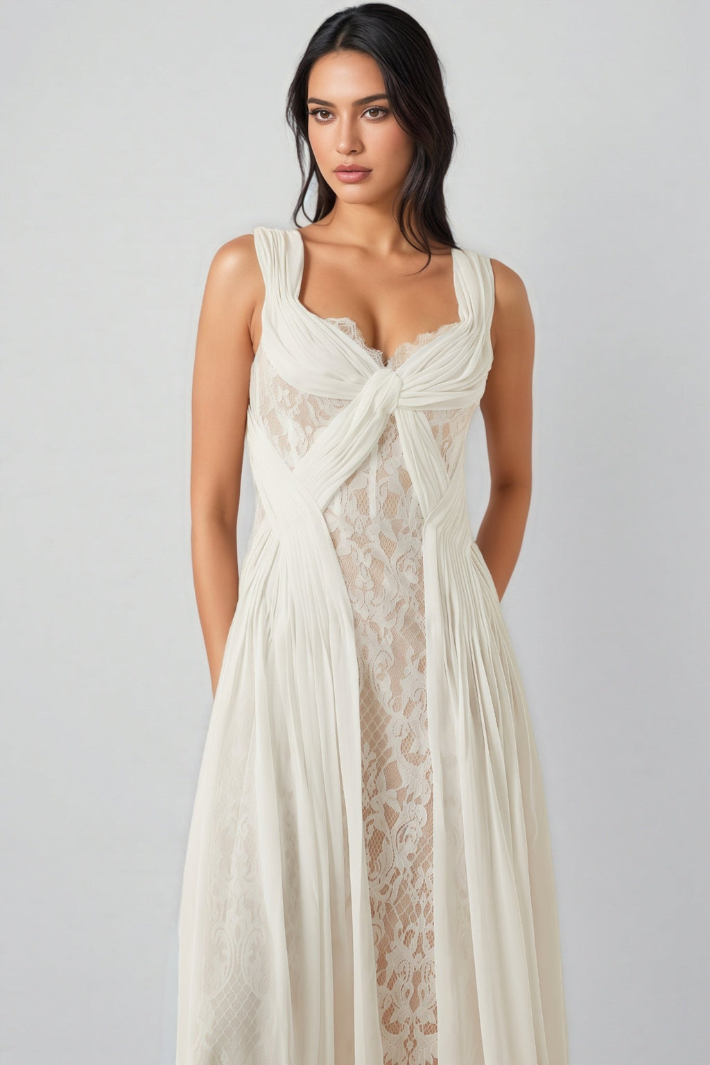 Layana White Lace Pleated Maxi Dress
