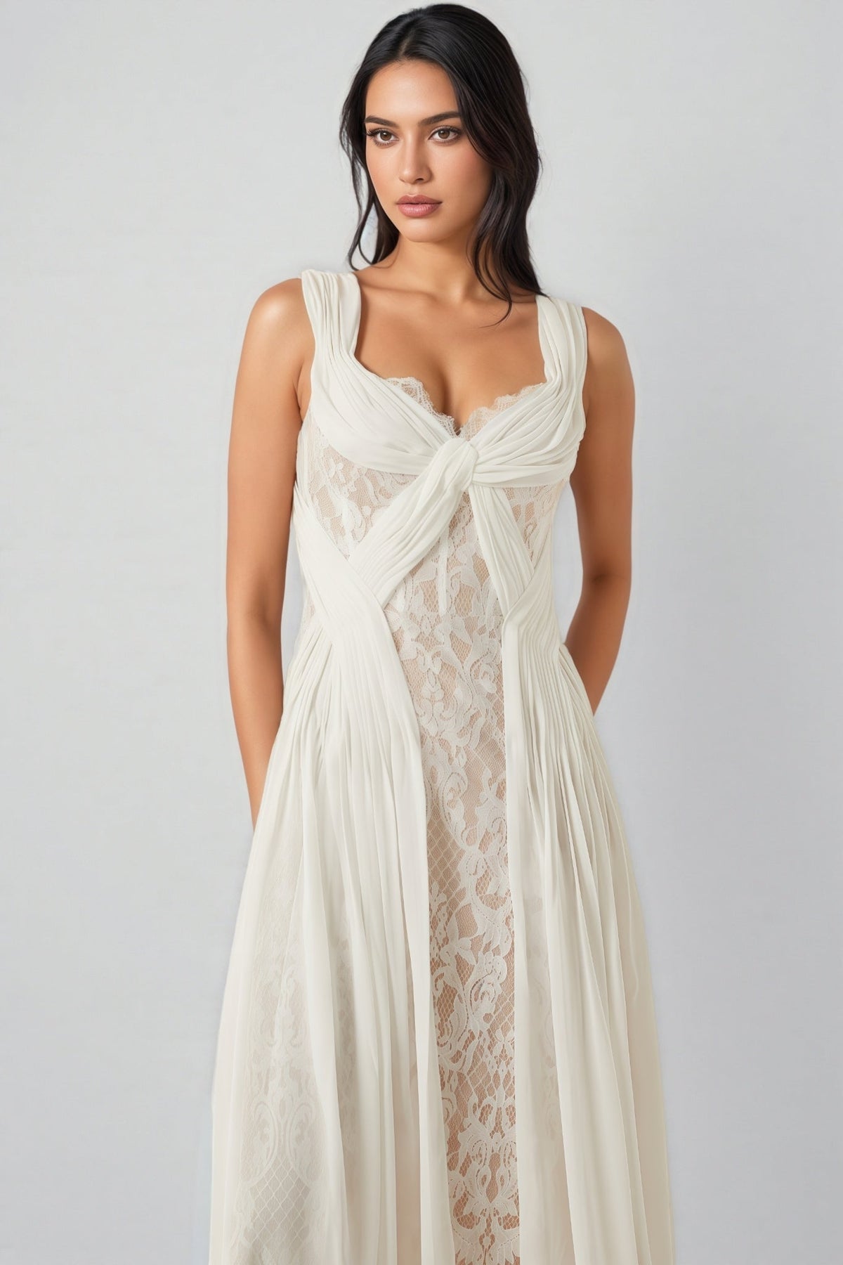 Layana White Lace Pleated Maxi Dress