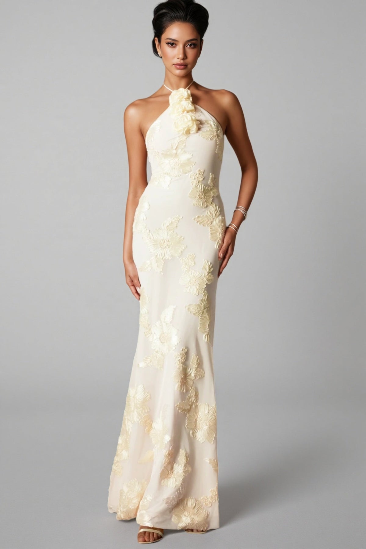 Jacova Flower Halter Embroidery Maxi Dress