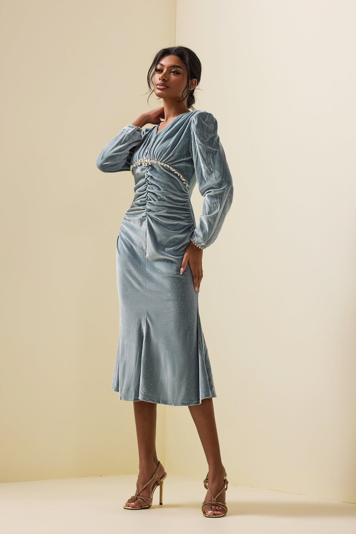 Velvet Rhinestone Midi Dress