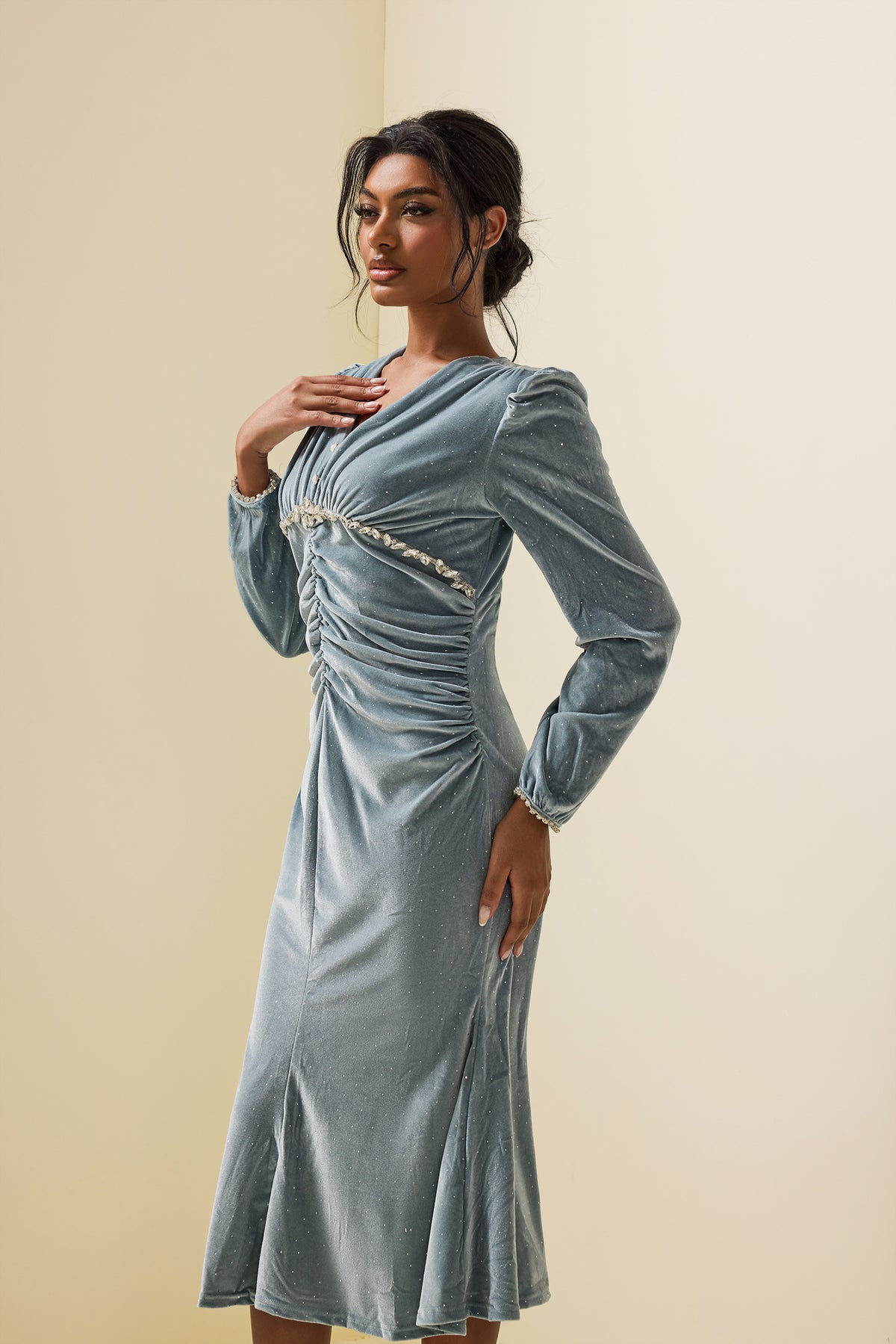 Velvet Rhinestone Midi Dress