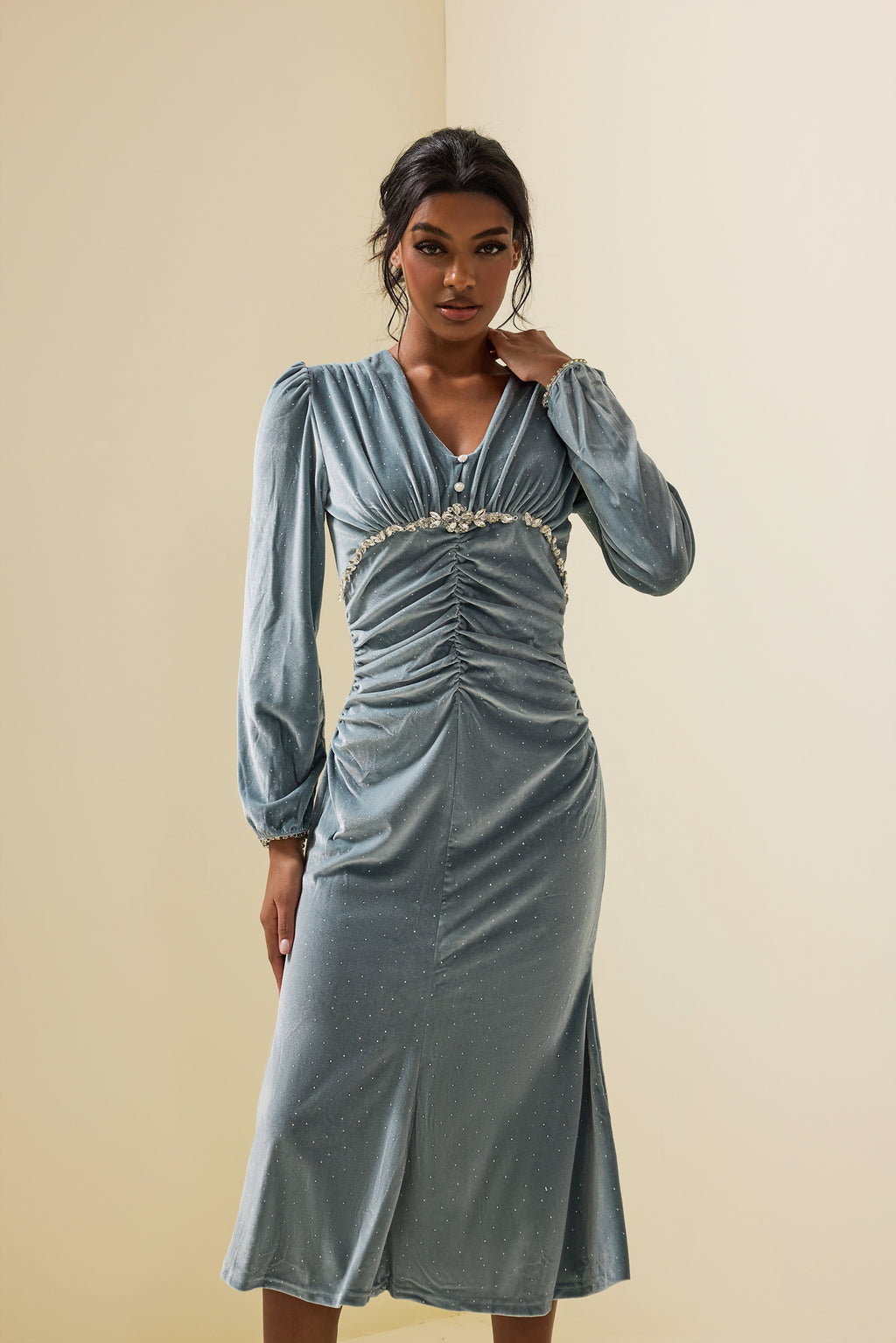 Velvet Rhinestone Midi Dress