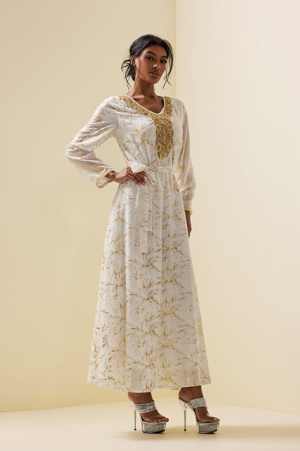 Abstract Print Gold Foil Stamping Midi Dress