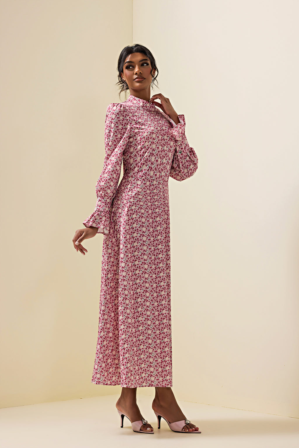 Lace Up Long Sleeve Midi Dress