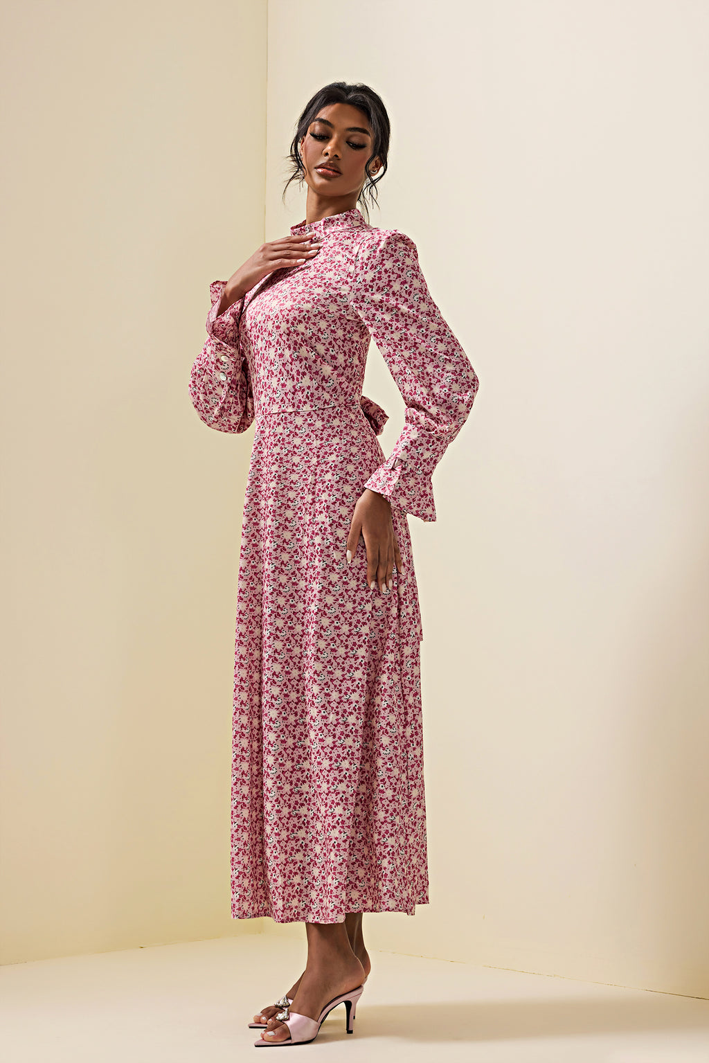 Lace Up Long Sleeve Midi Dress