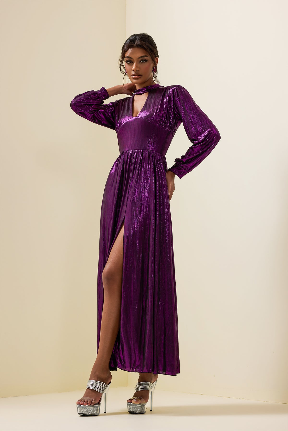 Lantern Sleeve Split Midi Dress