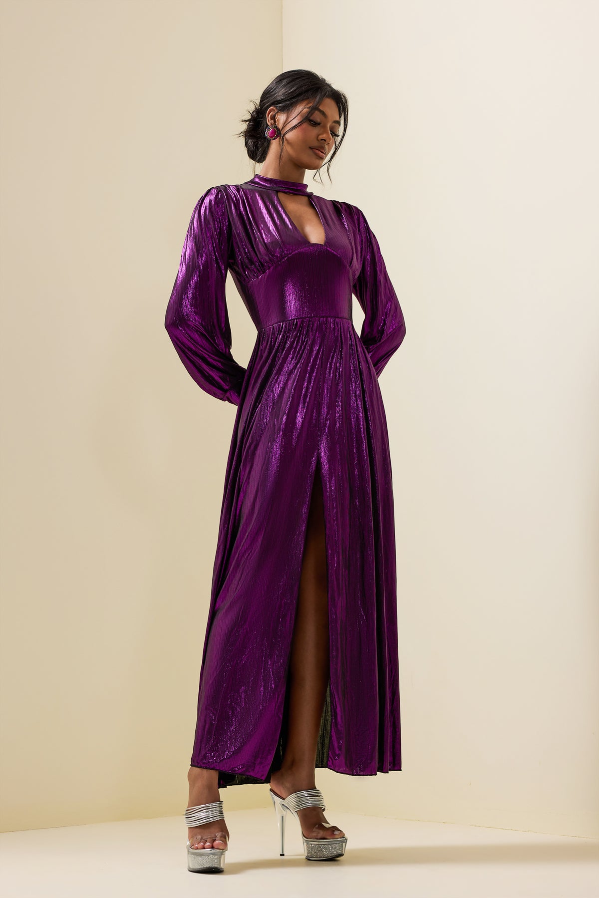 Lantern Sleeve Split Midi Dress