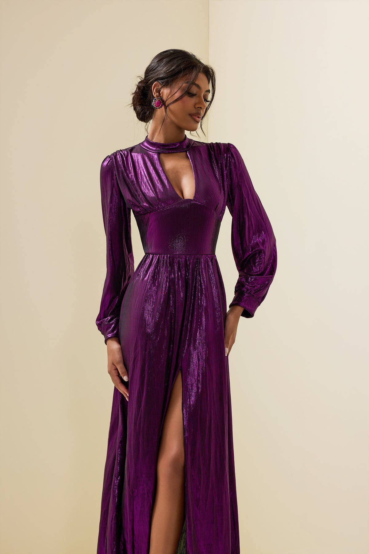Lantern Sleeve Split Midi Dress
