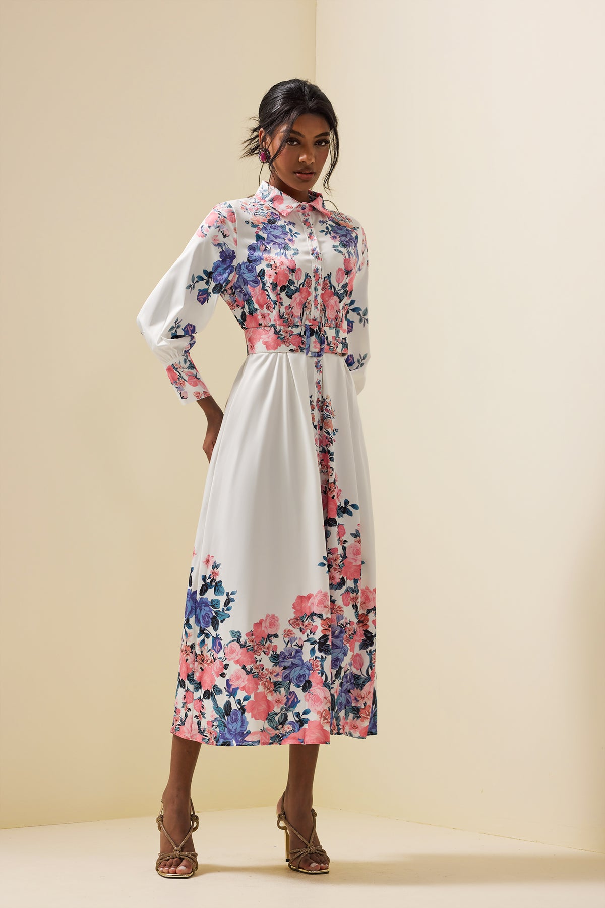 Shirt Collar Midi Dress With Belt