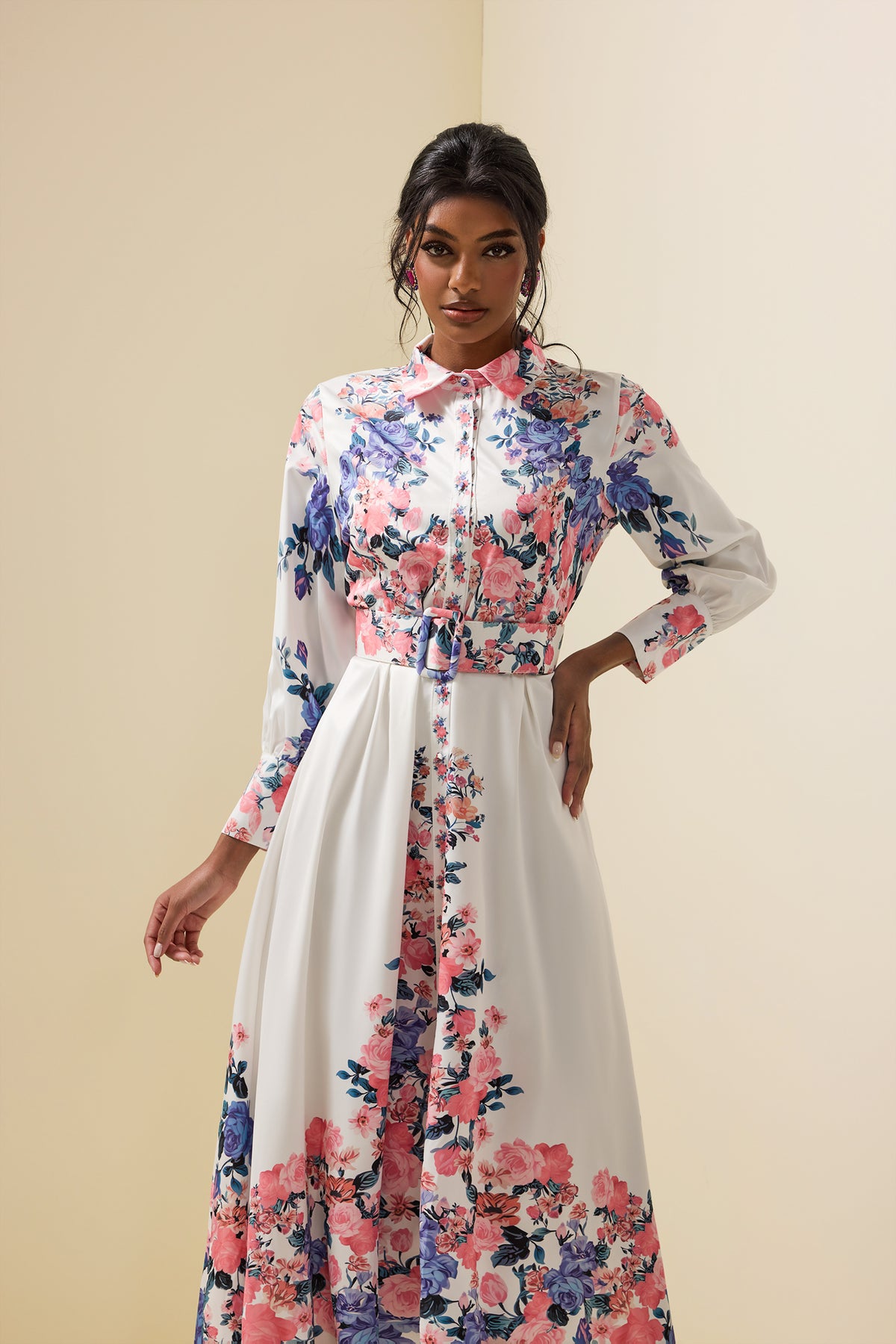 Shirt Collar Midi Dress With Belt