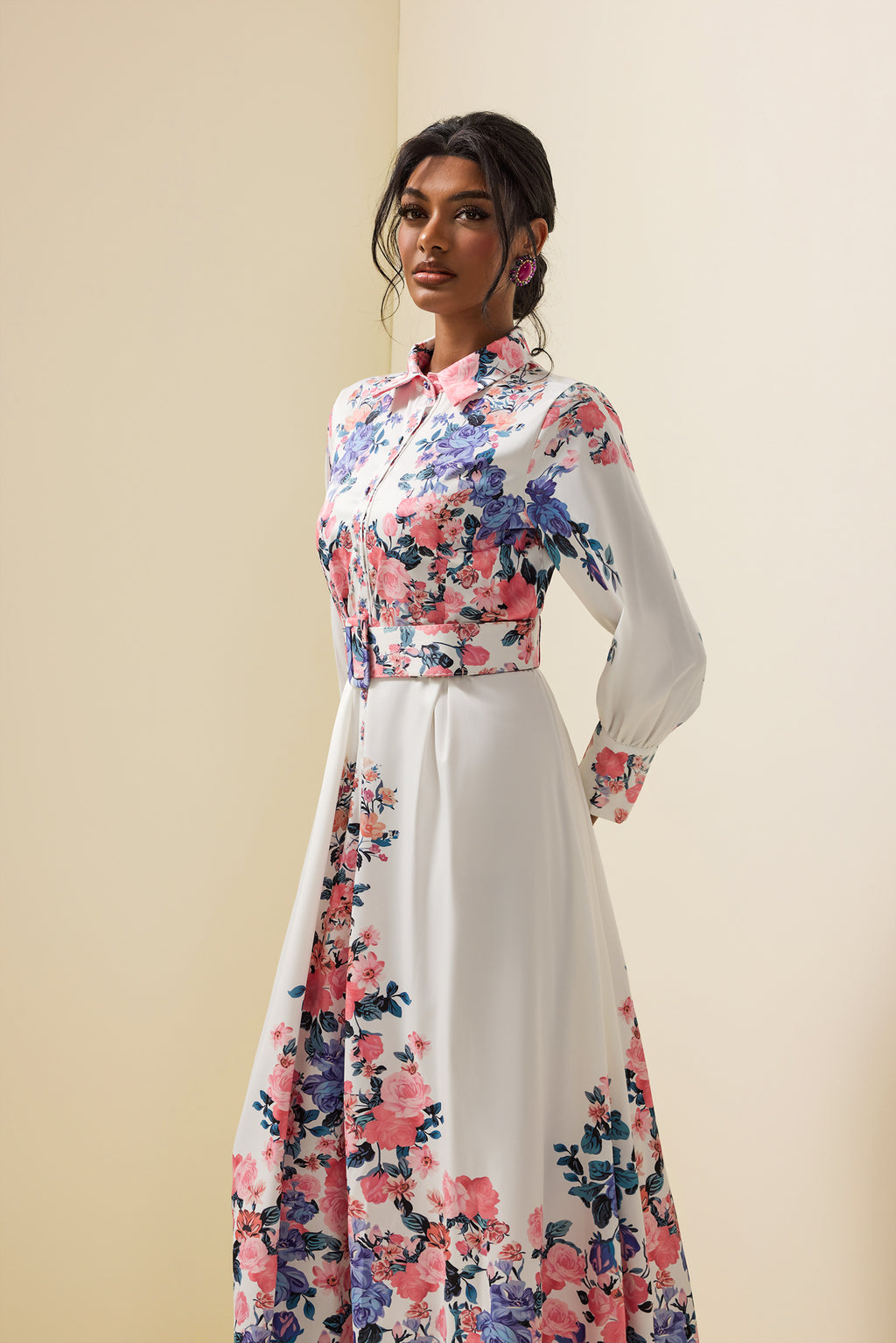 Shirt Collar Midi Dress With Belt