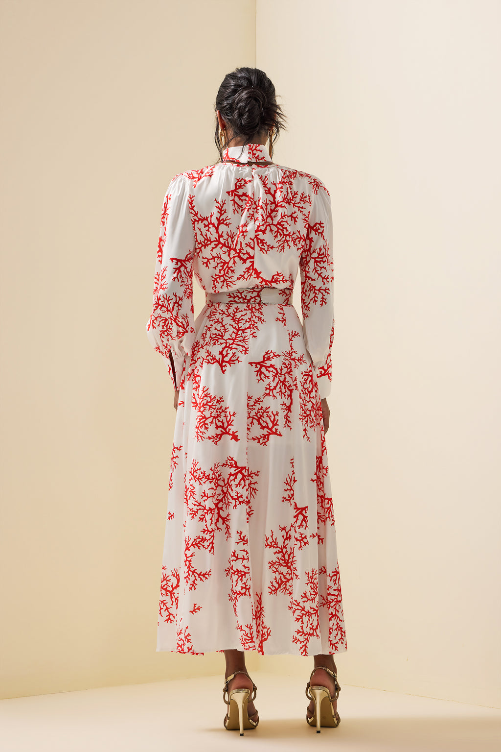 Botanical Print Lantern Sleeve Midi Dress With Belt