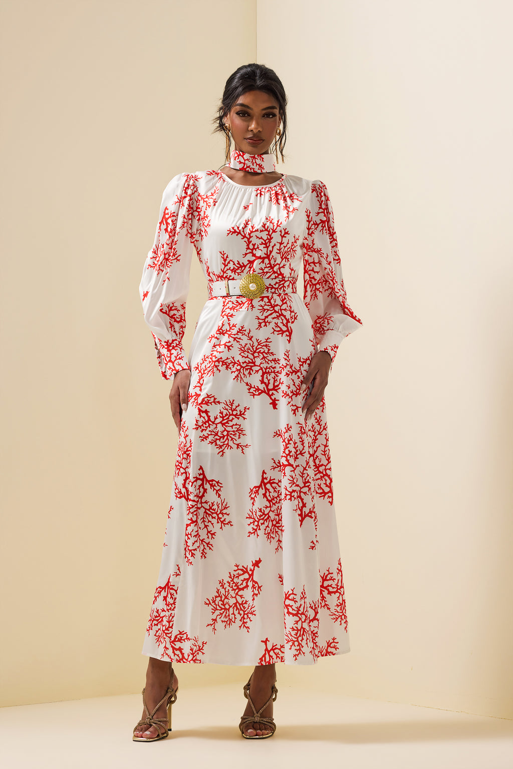 Botanical Print Lantern Sleeve Midi Dress With Belt