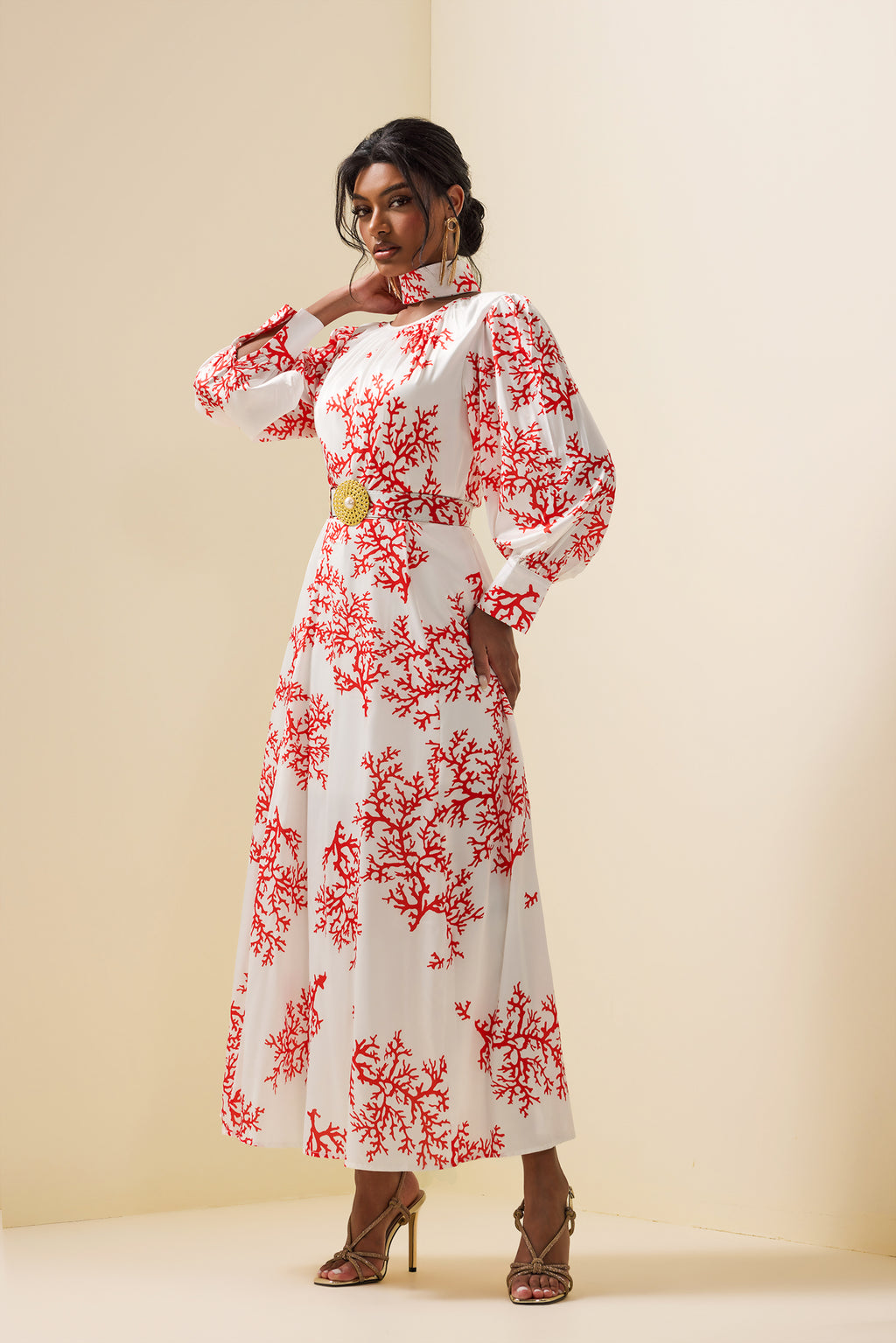 Botanical Print Lantern Sleeve Midi Dress With Belt