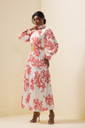 Botanical Print Lantern Sleeve Midi Dress With Belt