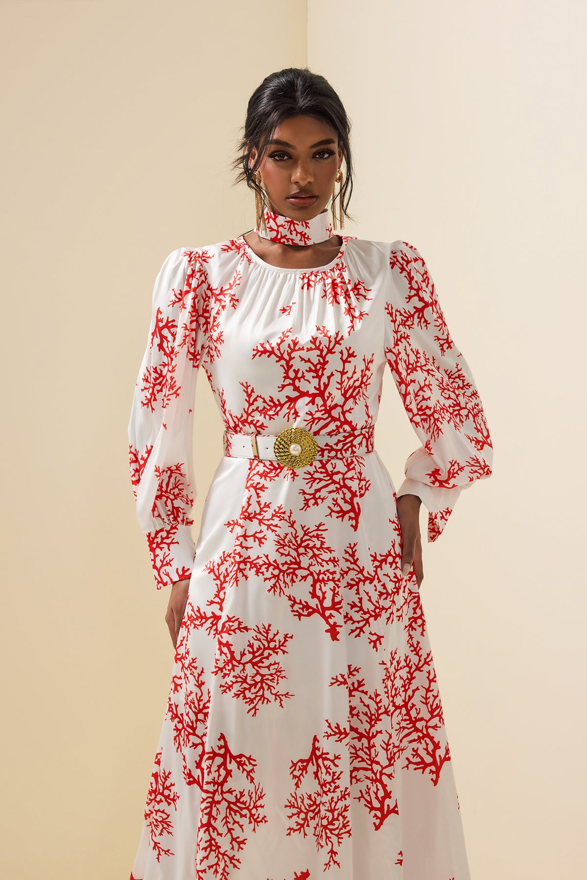 Botanical Print Lantern Sleeve Midi Dress With Belt