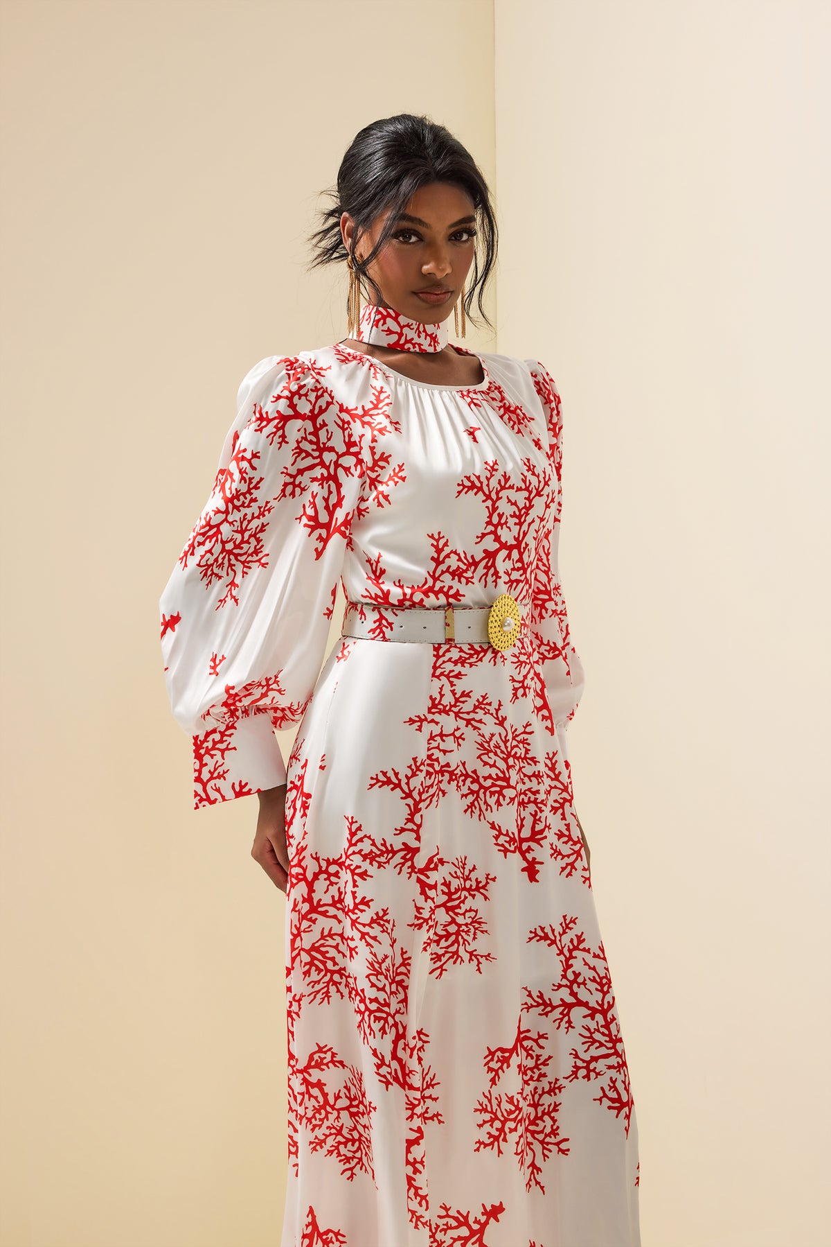 Botanical Print Lantern Sleeve Midi Dress With Belt