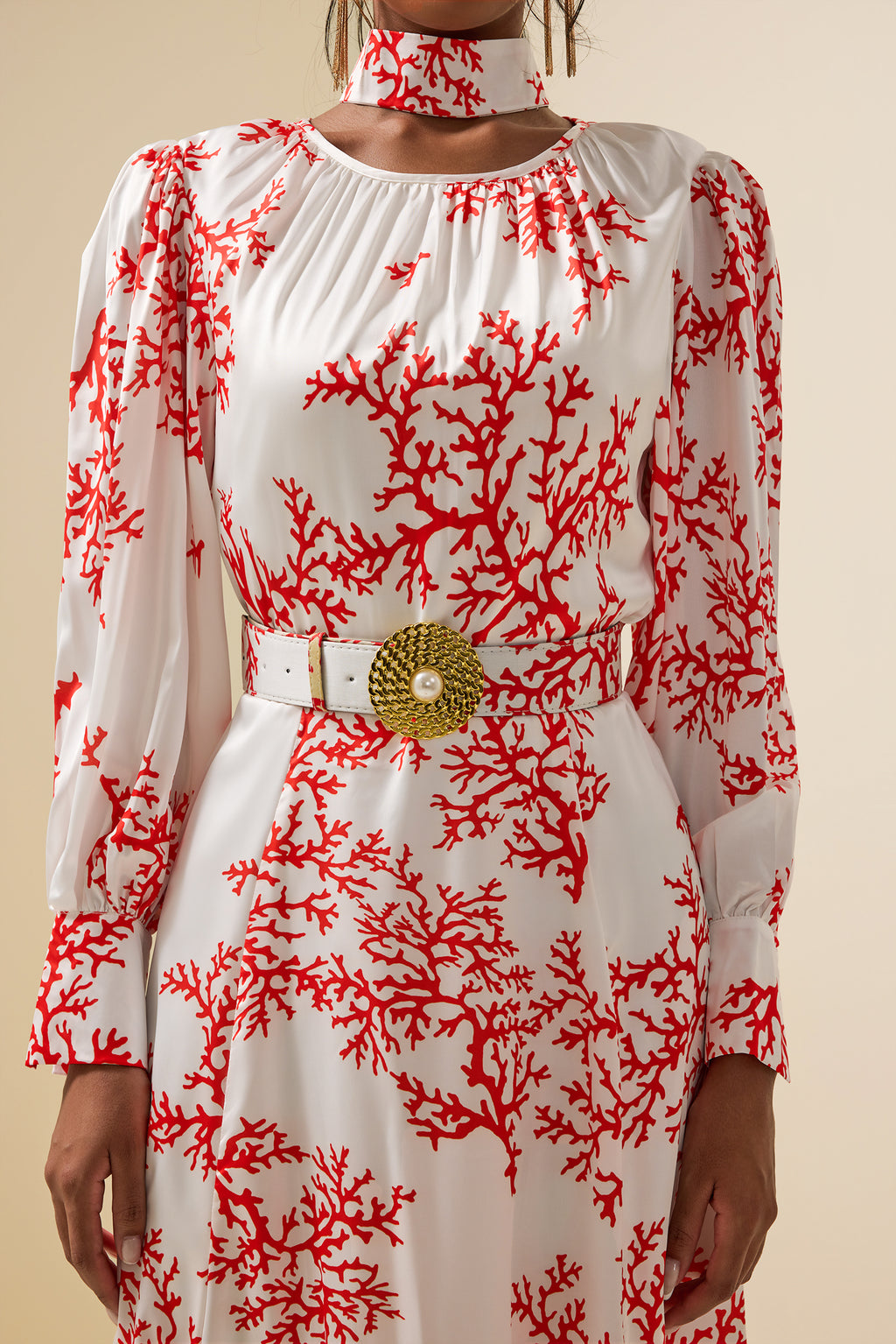 Botanical Print Lantern Sleeve Midi Dress With Belt