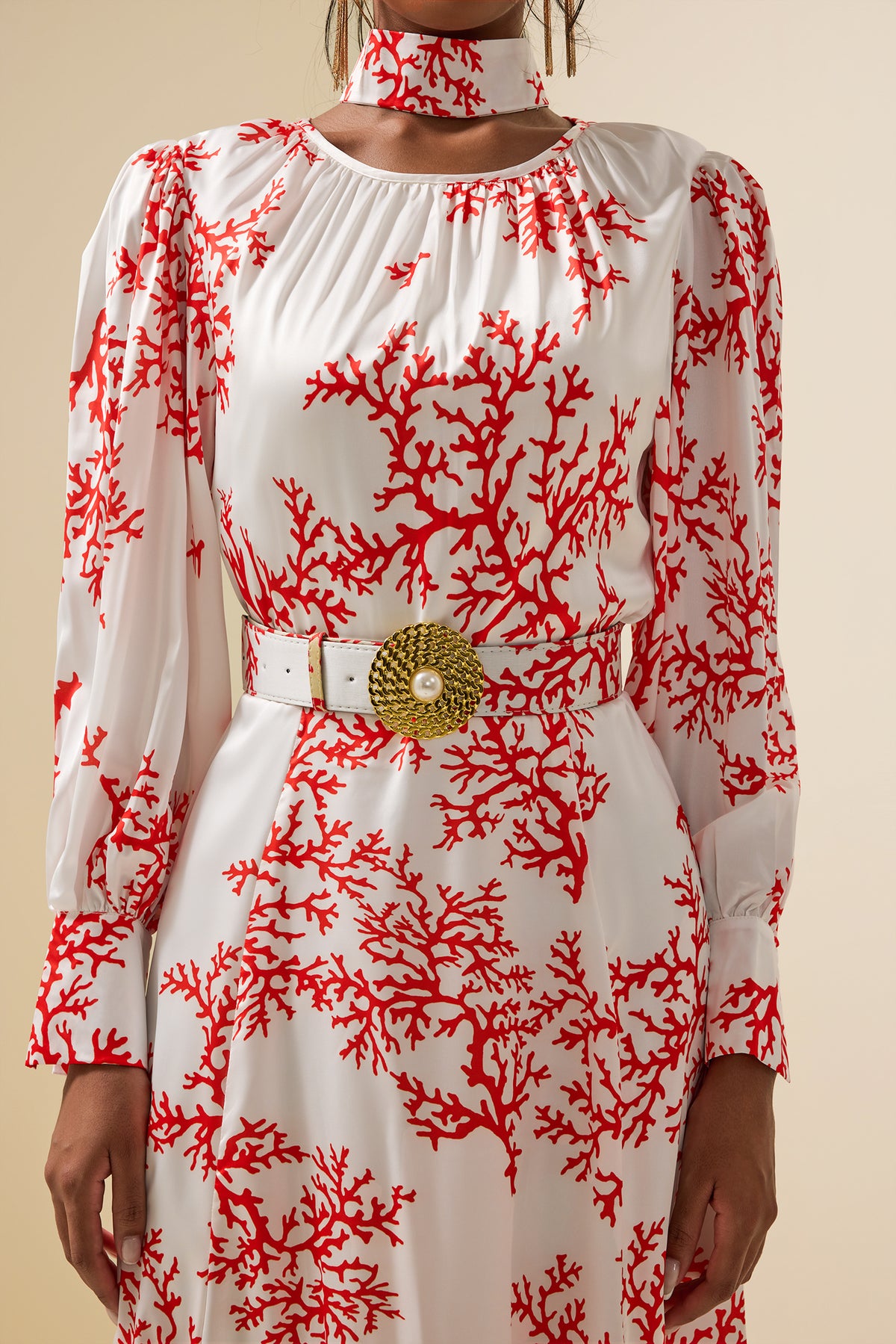 Botanical Print Lantern Sleeve Midi Dress With Belt