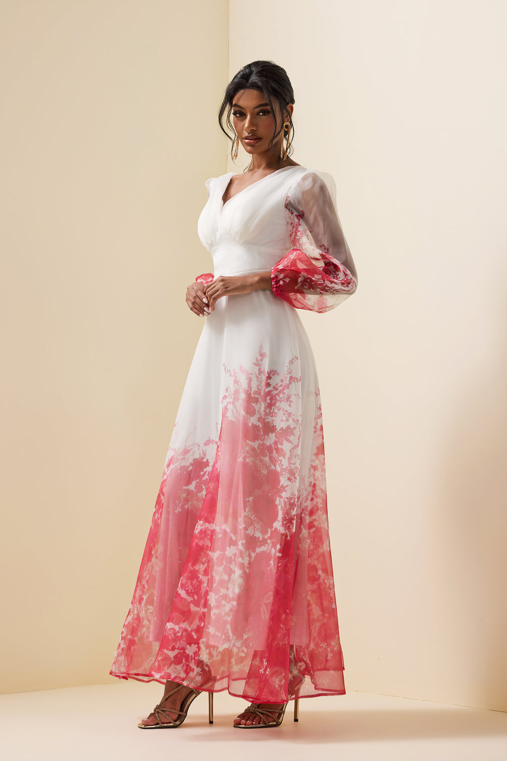 V-neck Lantern Sleeve Maxi Dress