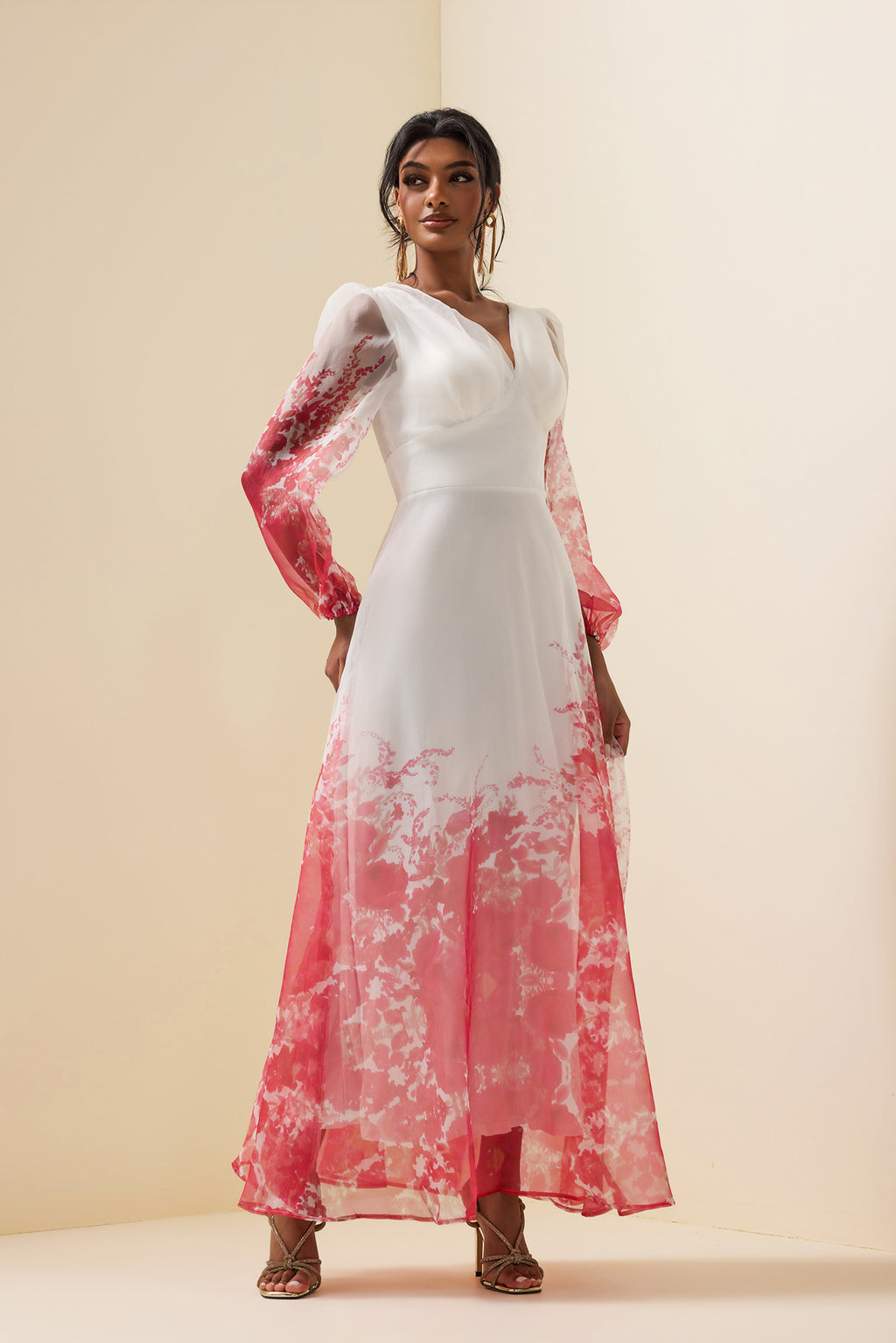 V-neck Lantern Sleeve Maxi Dress