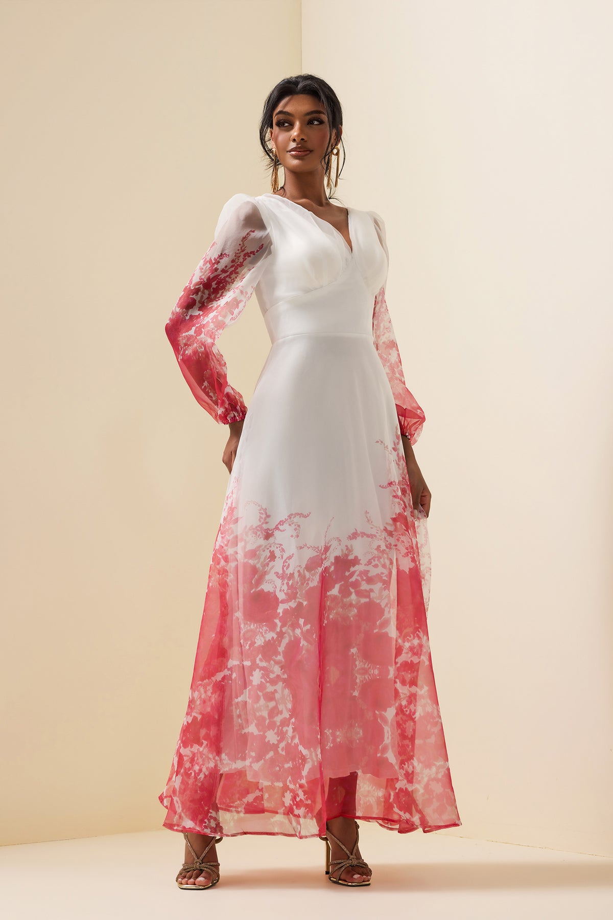 V-neck Lantern Sleeve Maxi Dress