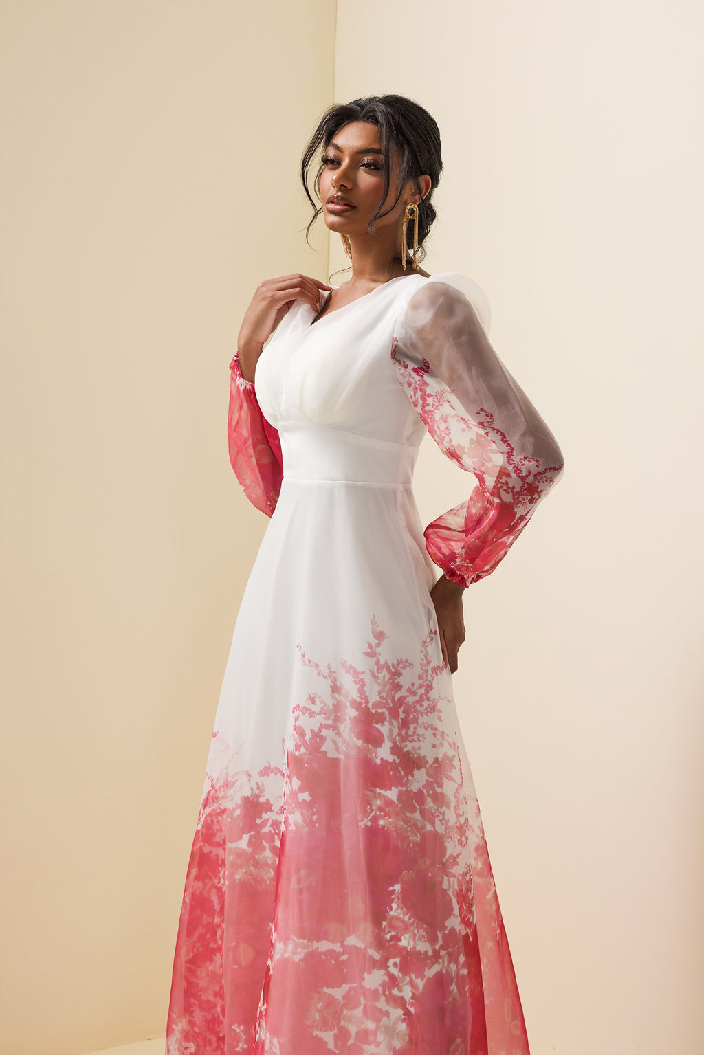 V-neck Lantern Sleeve Maxi Dress
