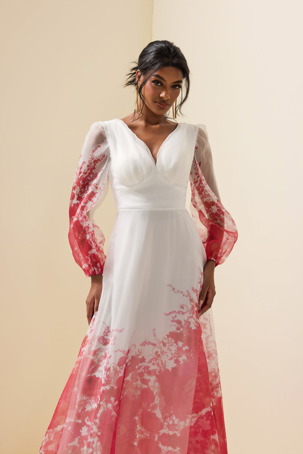 V-neck Lantern Sleeve Maxi Dress