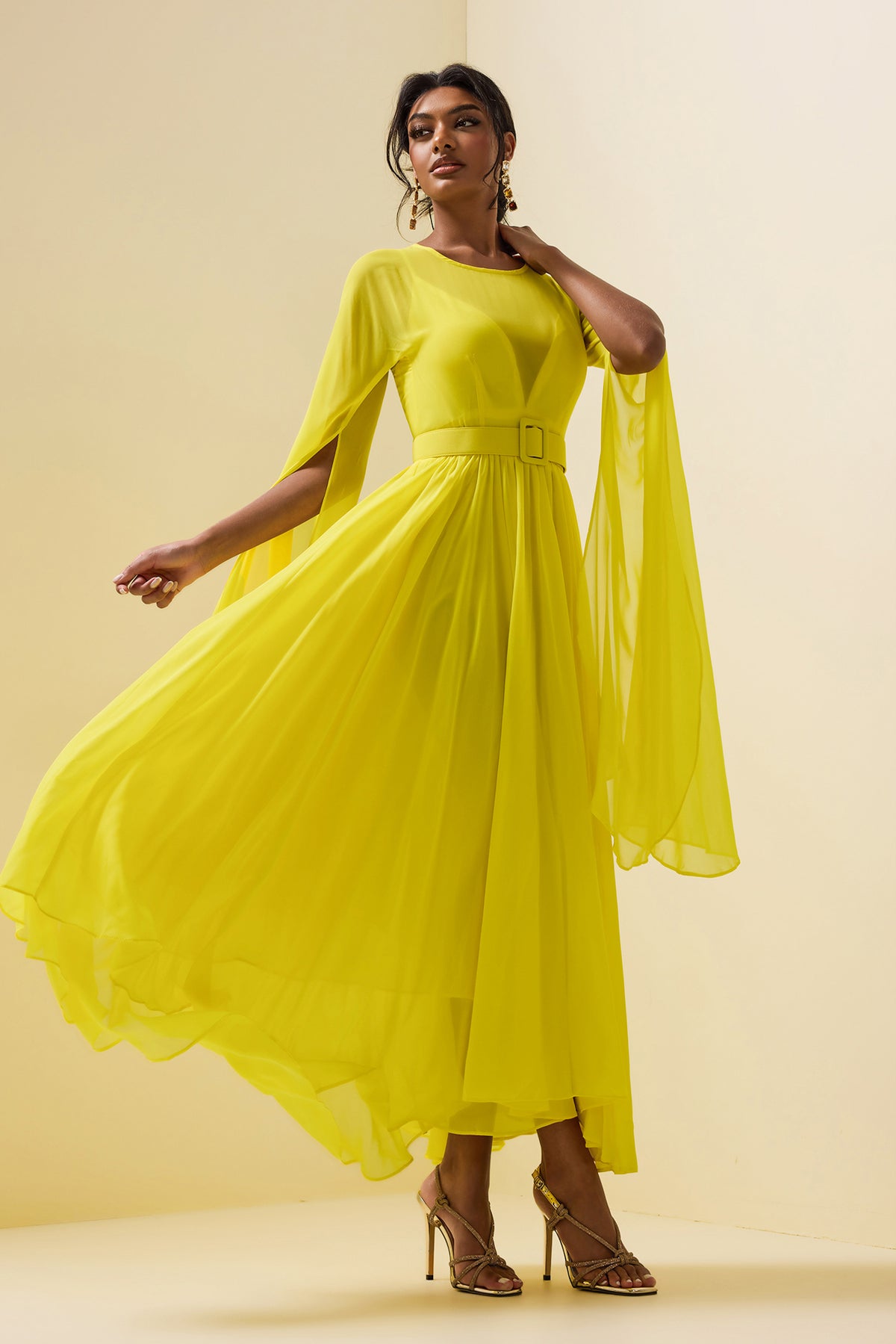 Mesh Cape Sleeve Midi Dress With Belt