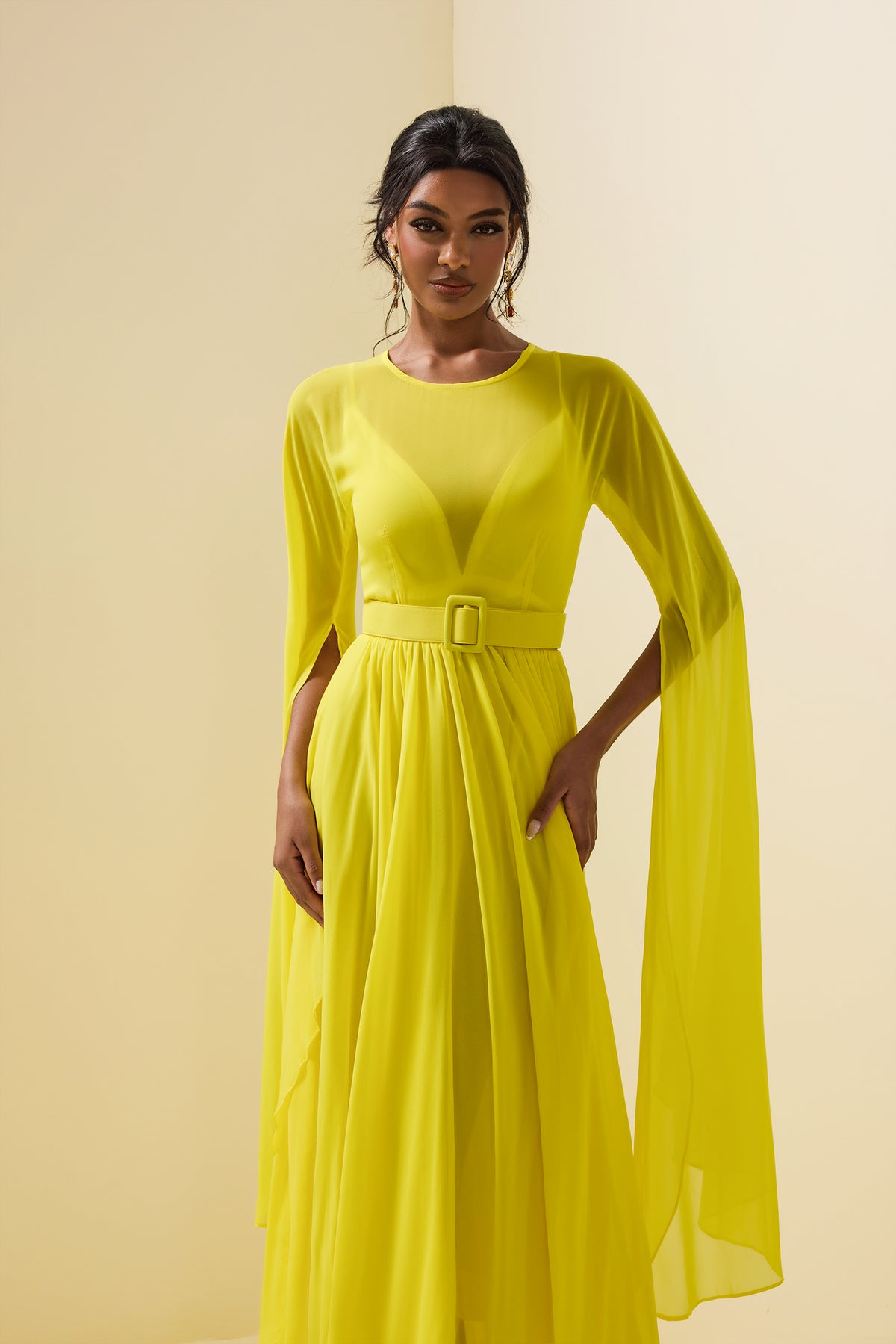 Mesh Cape Sleeve Midi Dress With Belt