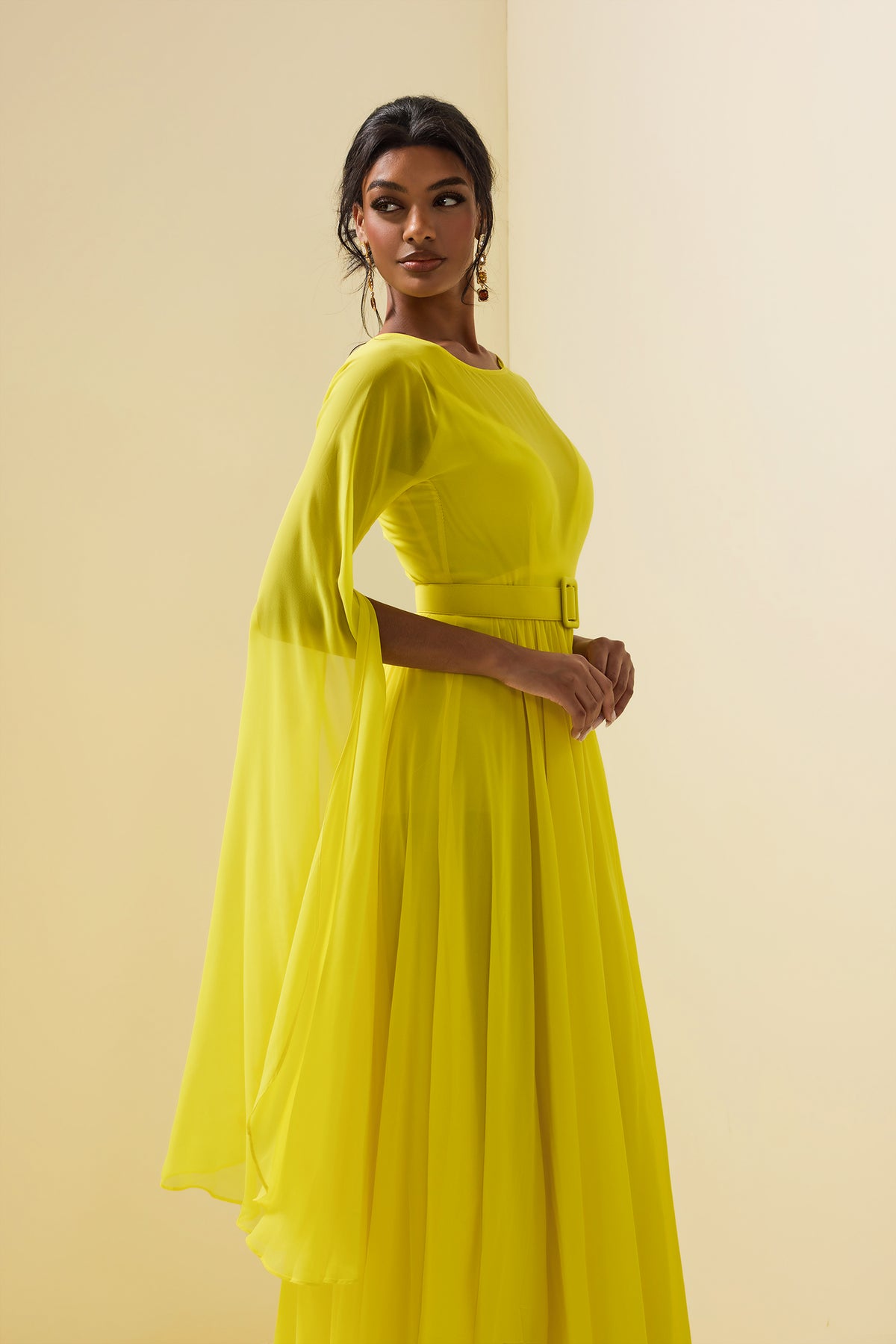 Mesh Cape Sleeve Midi Dress With Belt