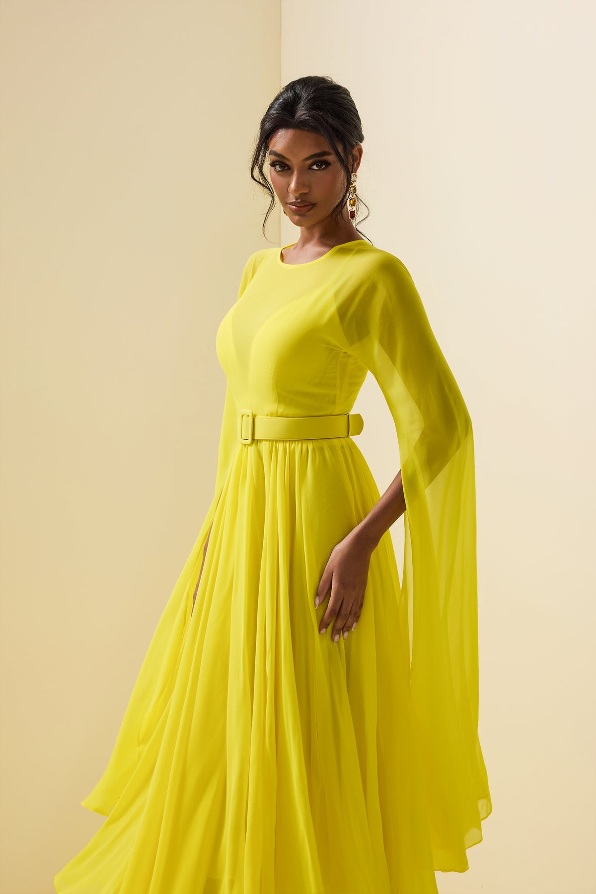 Mesh Cape Sleeve Midi Dress With Belt