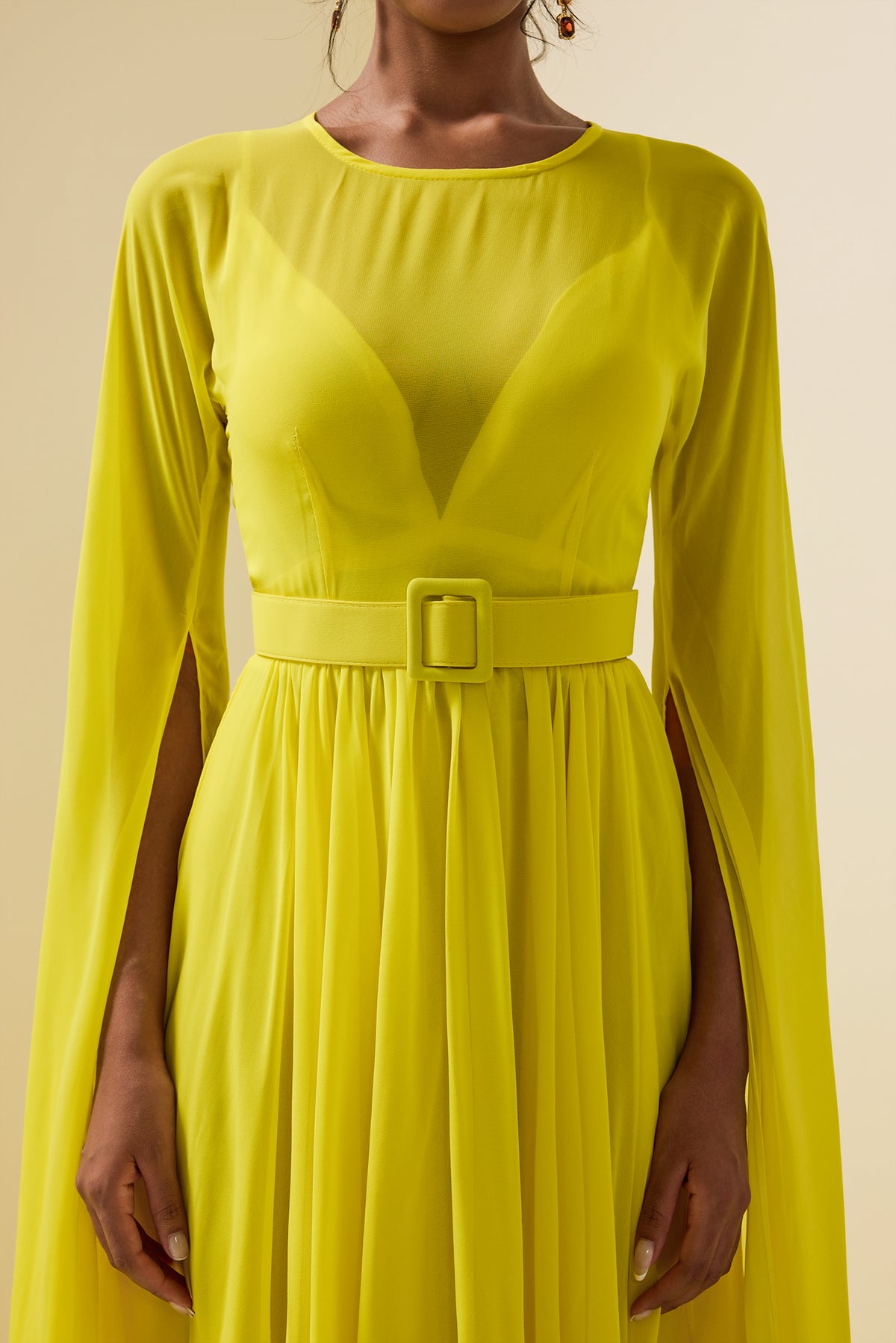 Mesh Cape Sleeve Midi Dress With Belt
