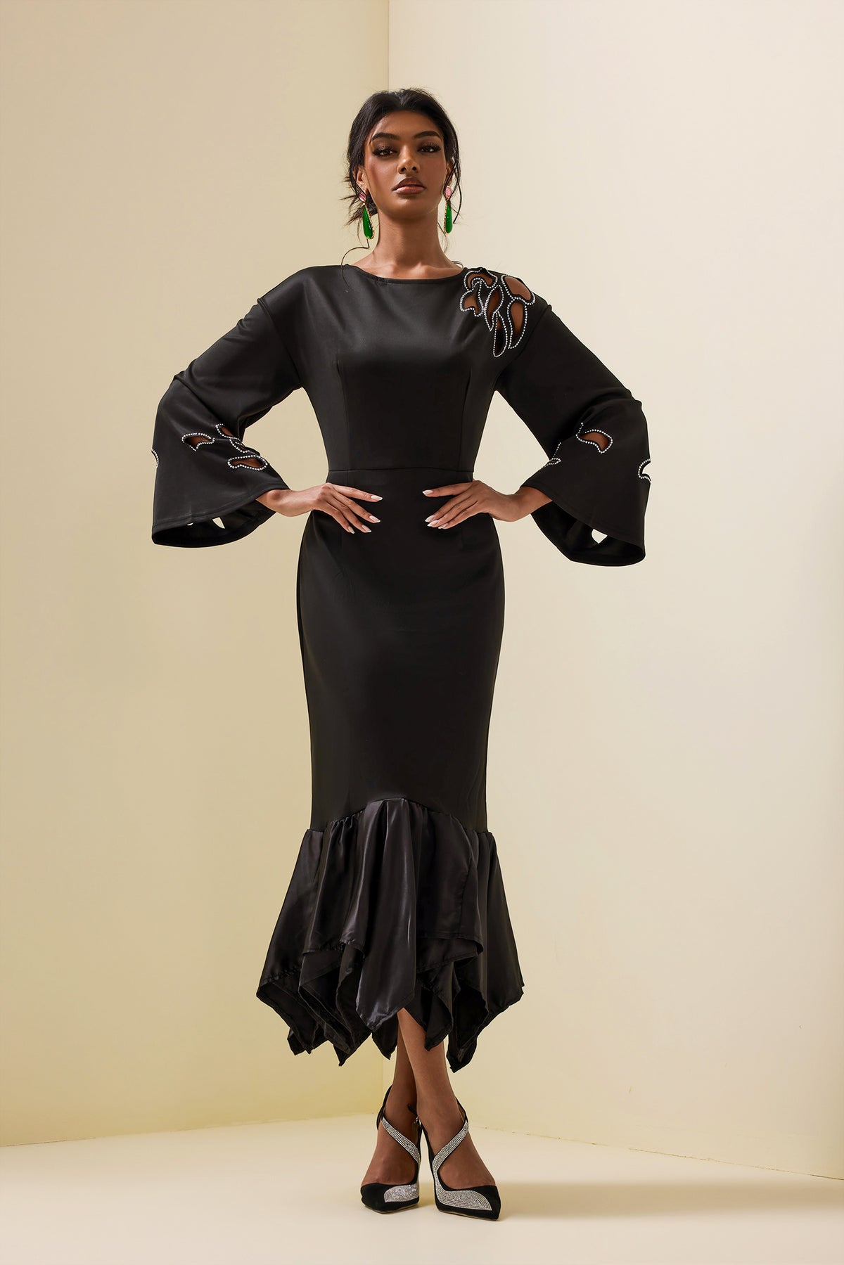 Cut-out Rhinestone Midi Dress