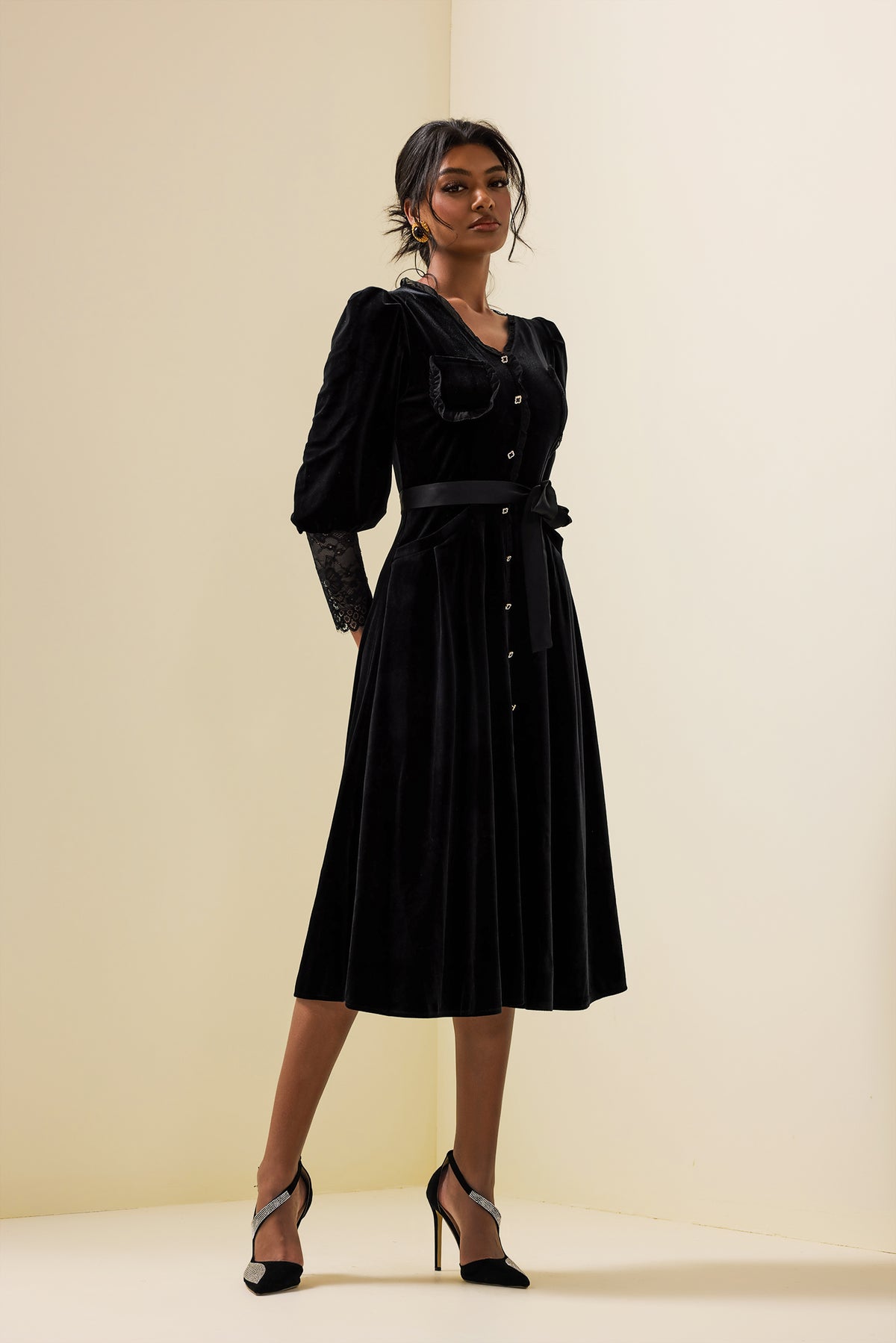Velvet Lace Long Sleeve Midi Dress