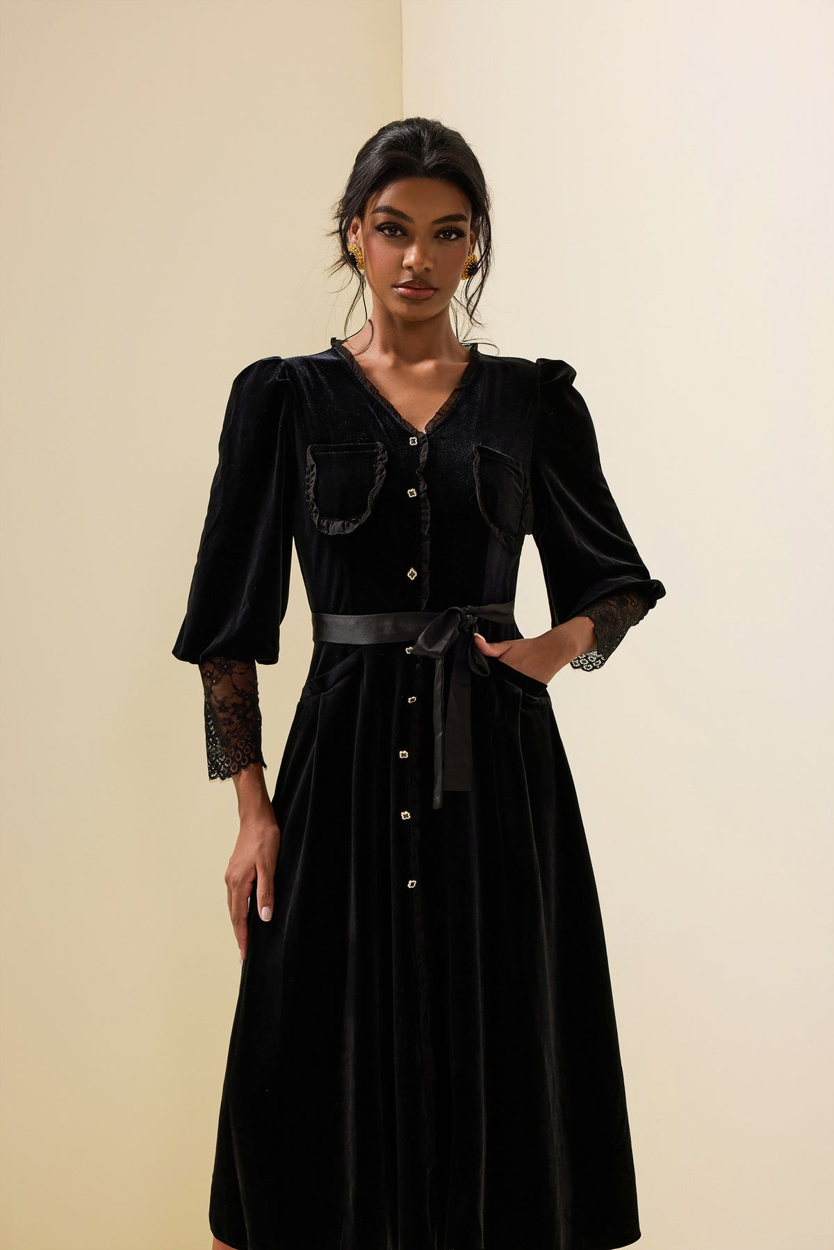 Velvet Lace Long Sleeve Midi Dress