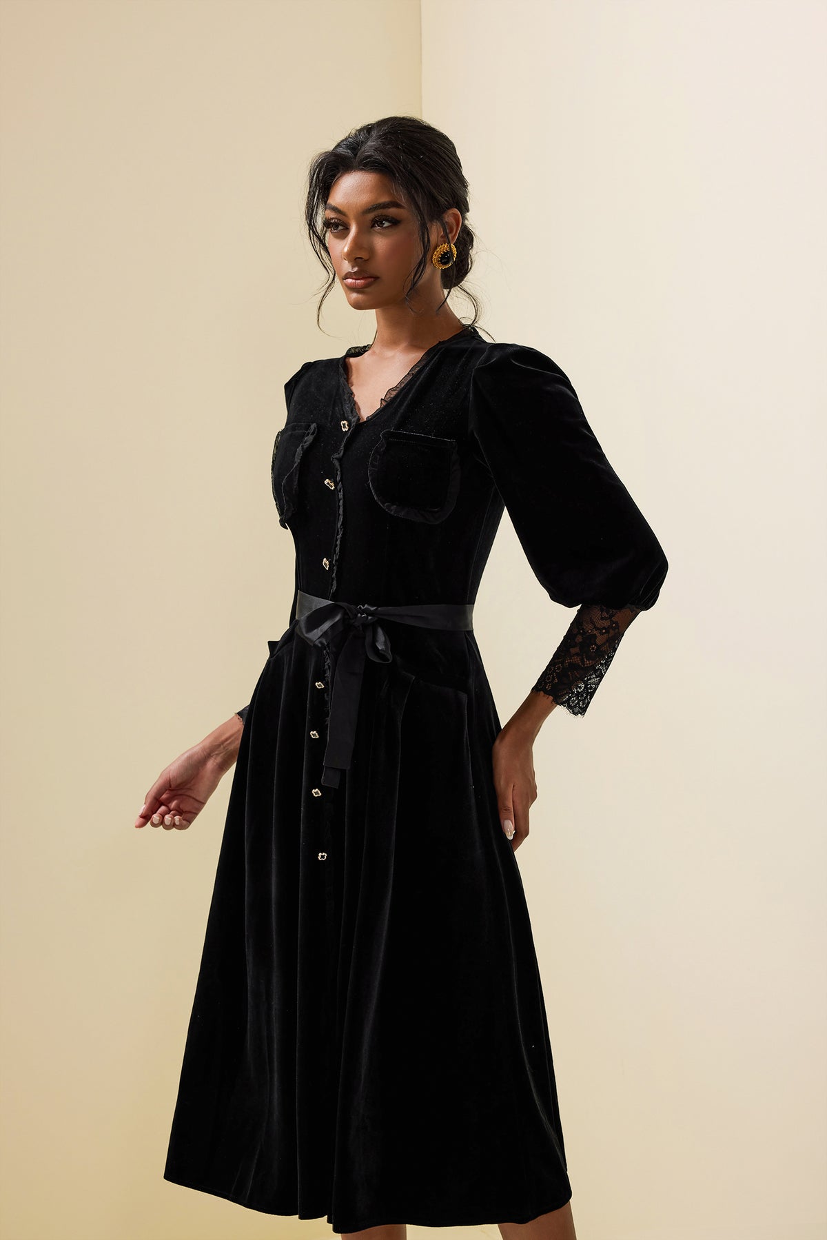 Velvet Lace Long Sleeve Midi Dress
