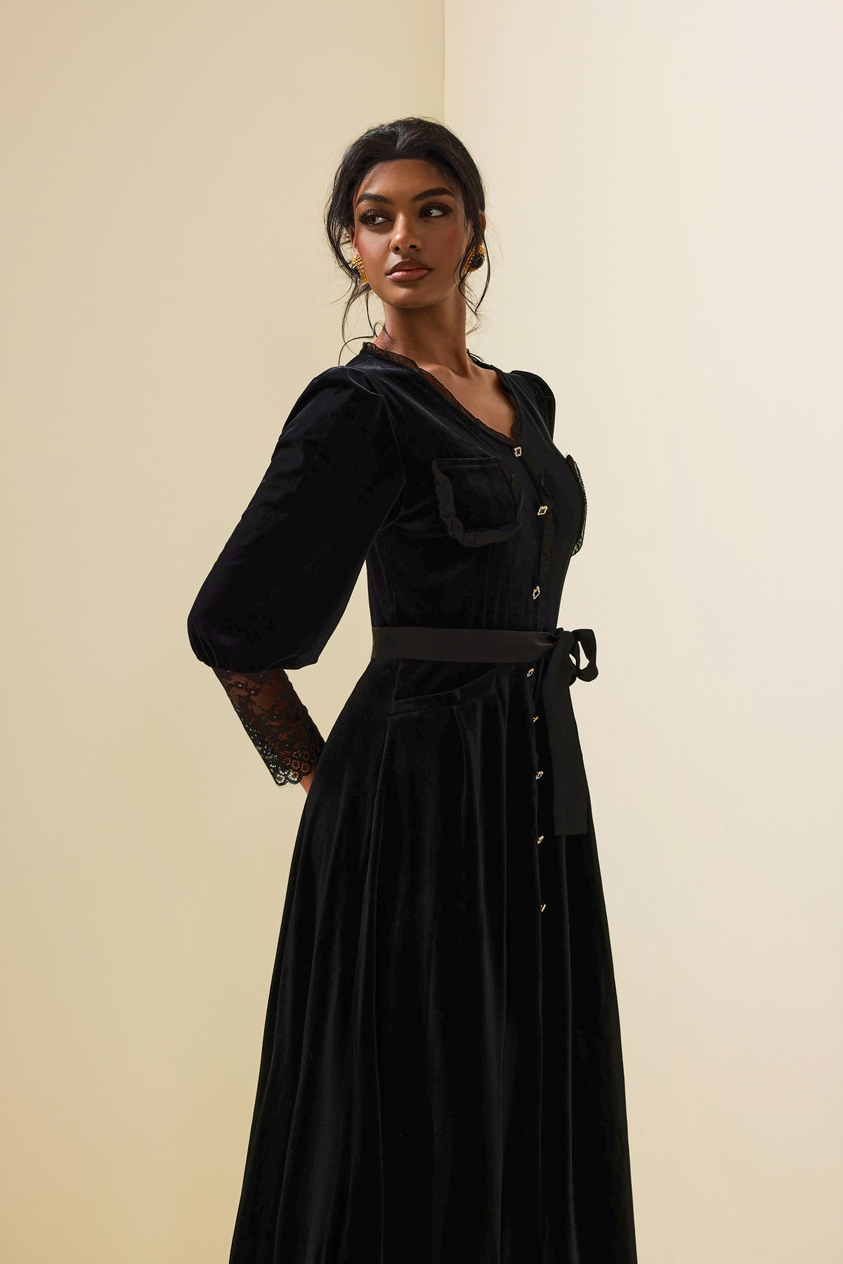 Velvet Lace Long Sleeve Midi Dress