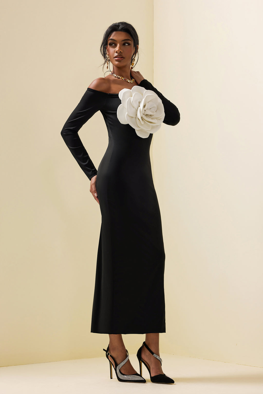 3d Jersey Off-shoulder Midi Dress