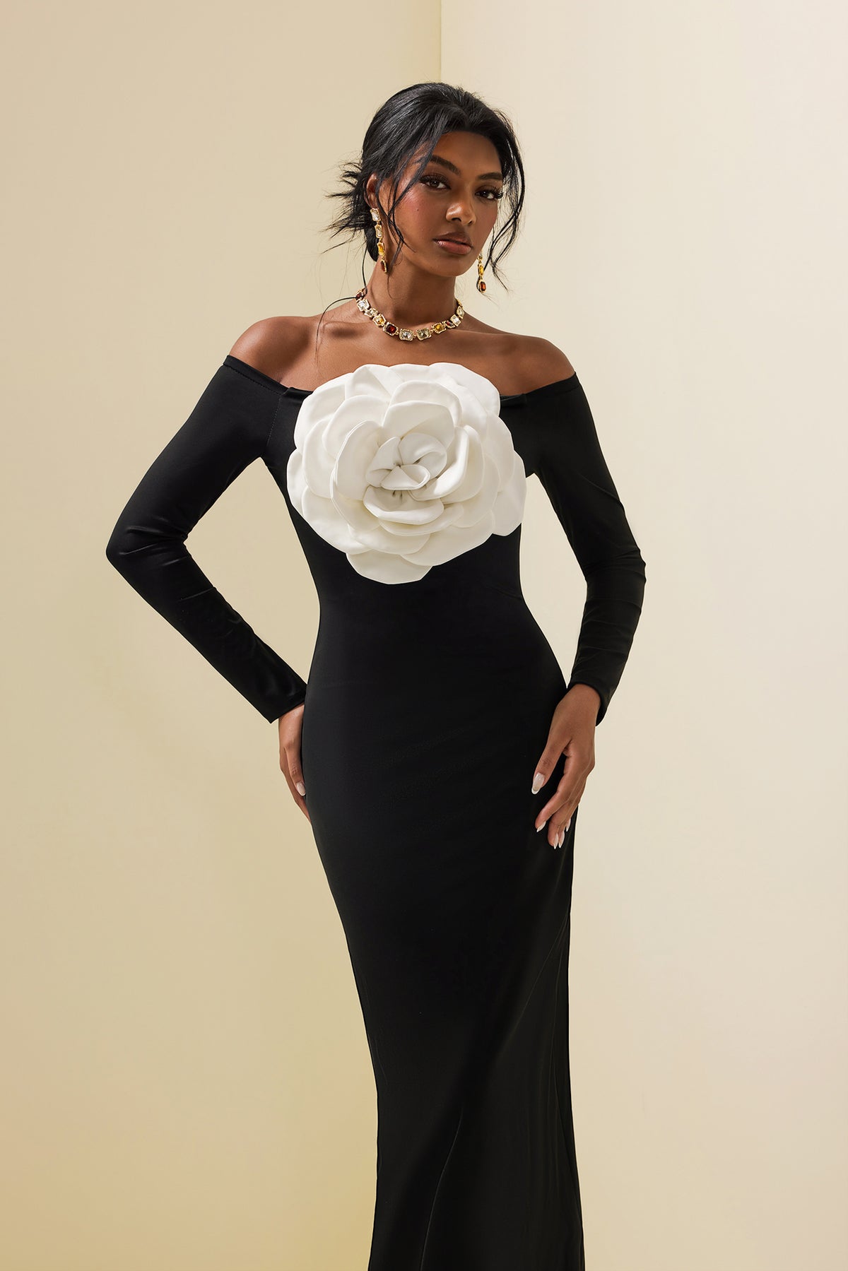 3d Jersey Off-shoulder Midi Dress